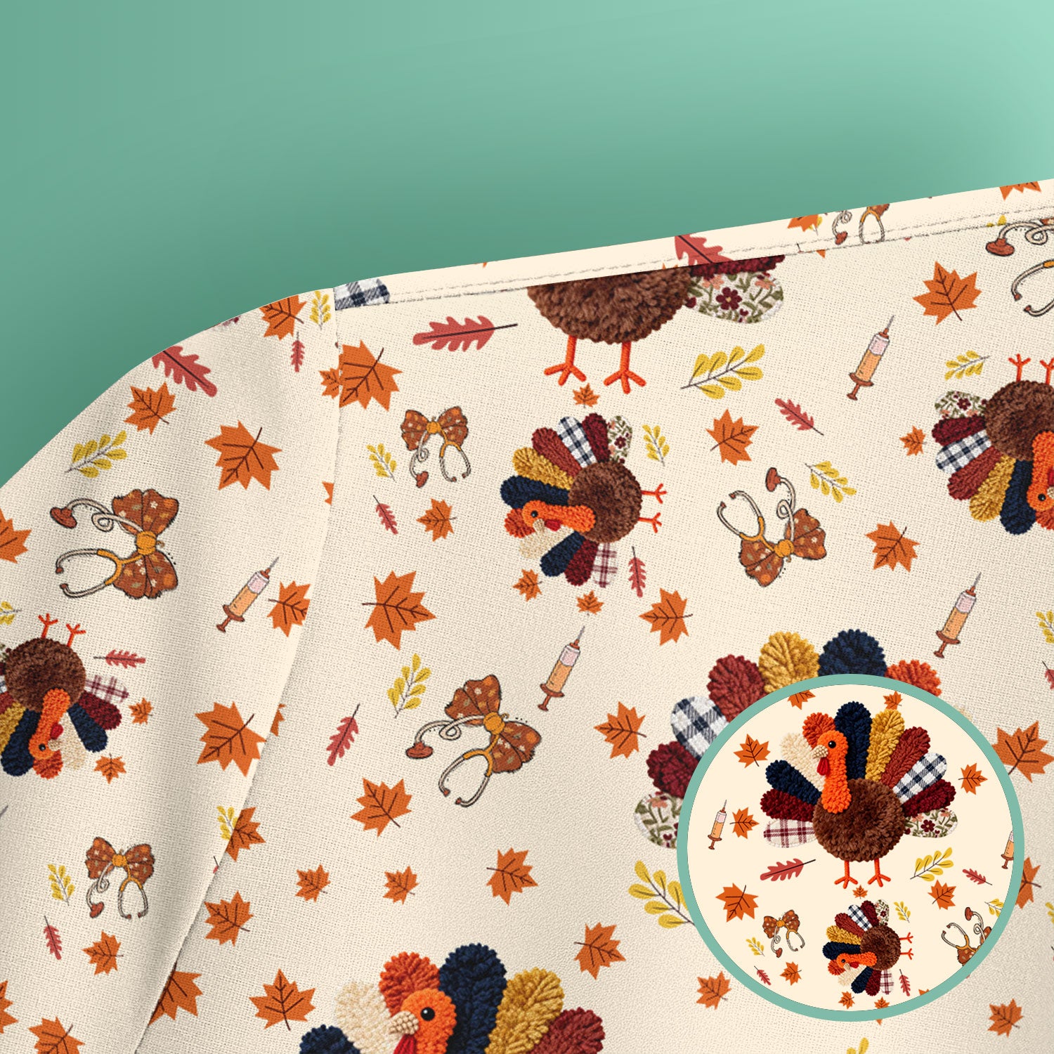 Funny Thanksgiving Nurse Scrub Top - Fall Leaves and Pumpkin Shirt - Autumn Turkey Med Uniform Gift for RN CNA LPN