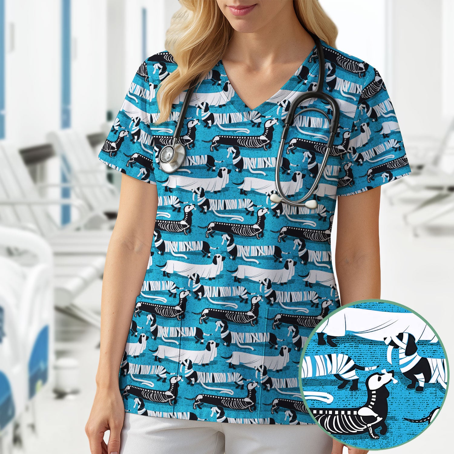 Halloween Dachshund Scrub Top - Funny Dog Skeleton Scrub Shirt Multi Color - Cute Halloween Scrubs Gift for Nurse, CNA, RN, Doctor