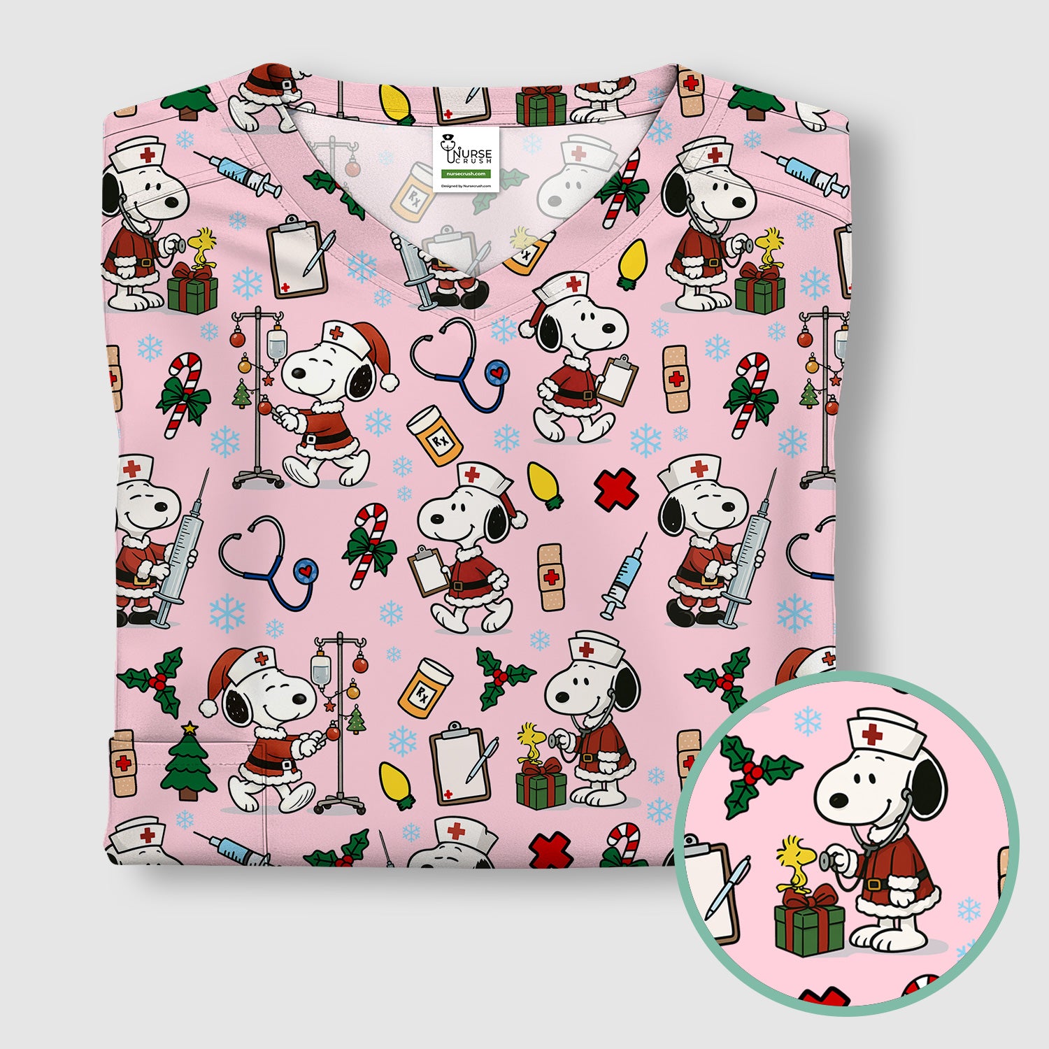 Custom Christmas Scrub Top for Nurses - Snoopy Holiday Scrub Shirt Multi Color - Cute Funny Nursing Workwear with Pockets