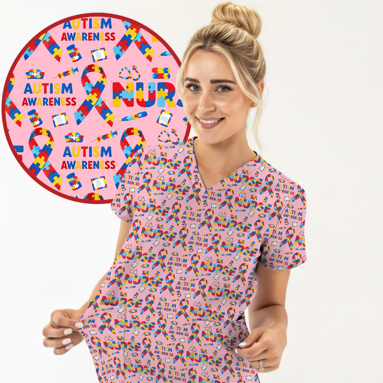 Autism Awareness Nurse Puzzle Ribbon Print Scrubs, Comfortable Scrubs for Nurses