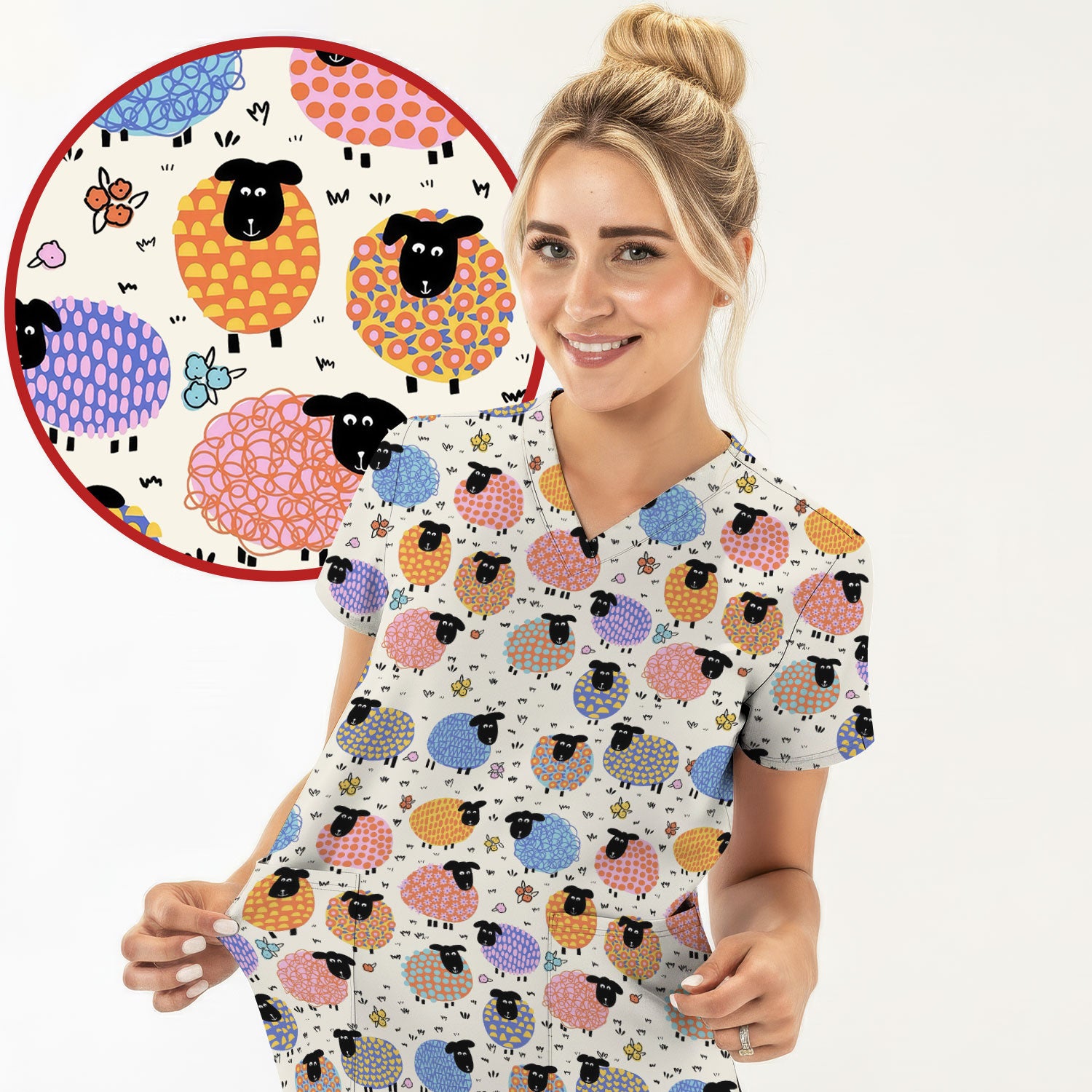 Adorable Colorful Sheep Pattern Scrubs Top, Breathable Fabrics Nursing Uniform
