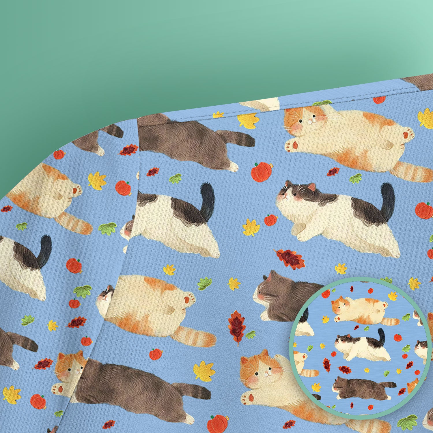 Chubby Cat Autumn Leaves Print Scrub Top, Breathable Fabrics Nursing Uniform