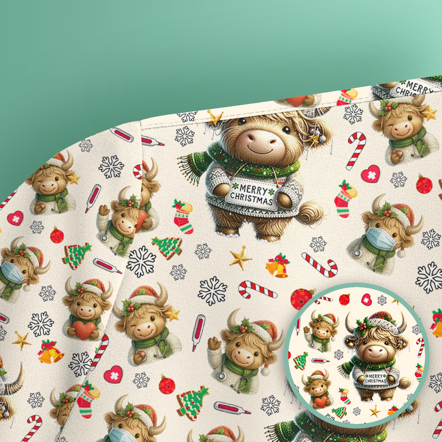 Highland Cow Christmas Scrub Top, Festive Cow Nurse Shirt With Holiday Pattern, Cute Medical Uniform For Women