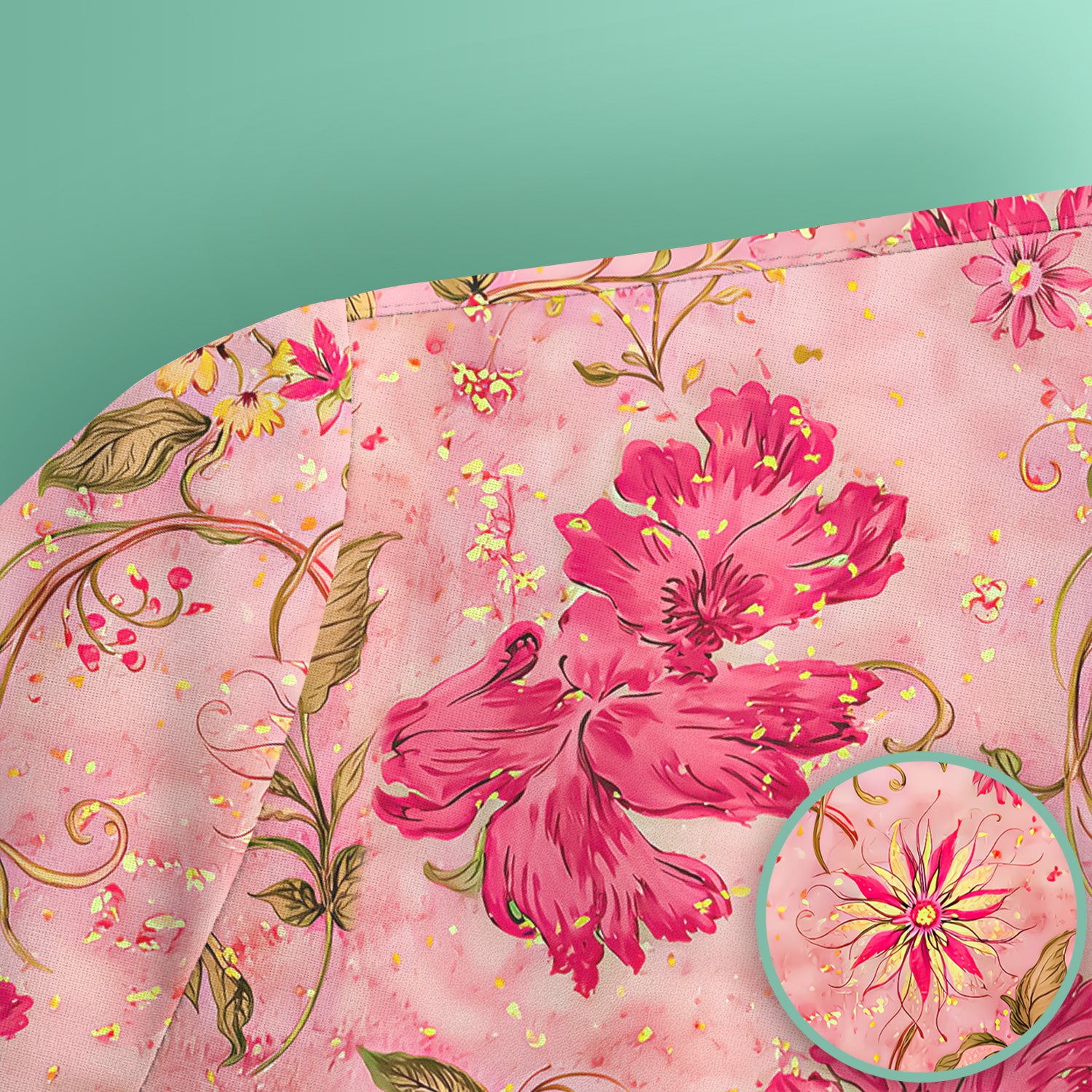 Elegant Pink Floral Vine Pattern Scrub Top, Breathable Fabrics Nursing Uniform