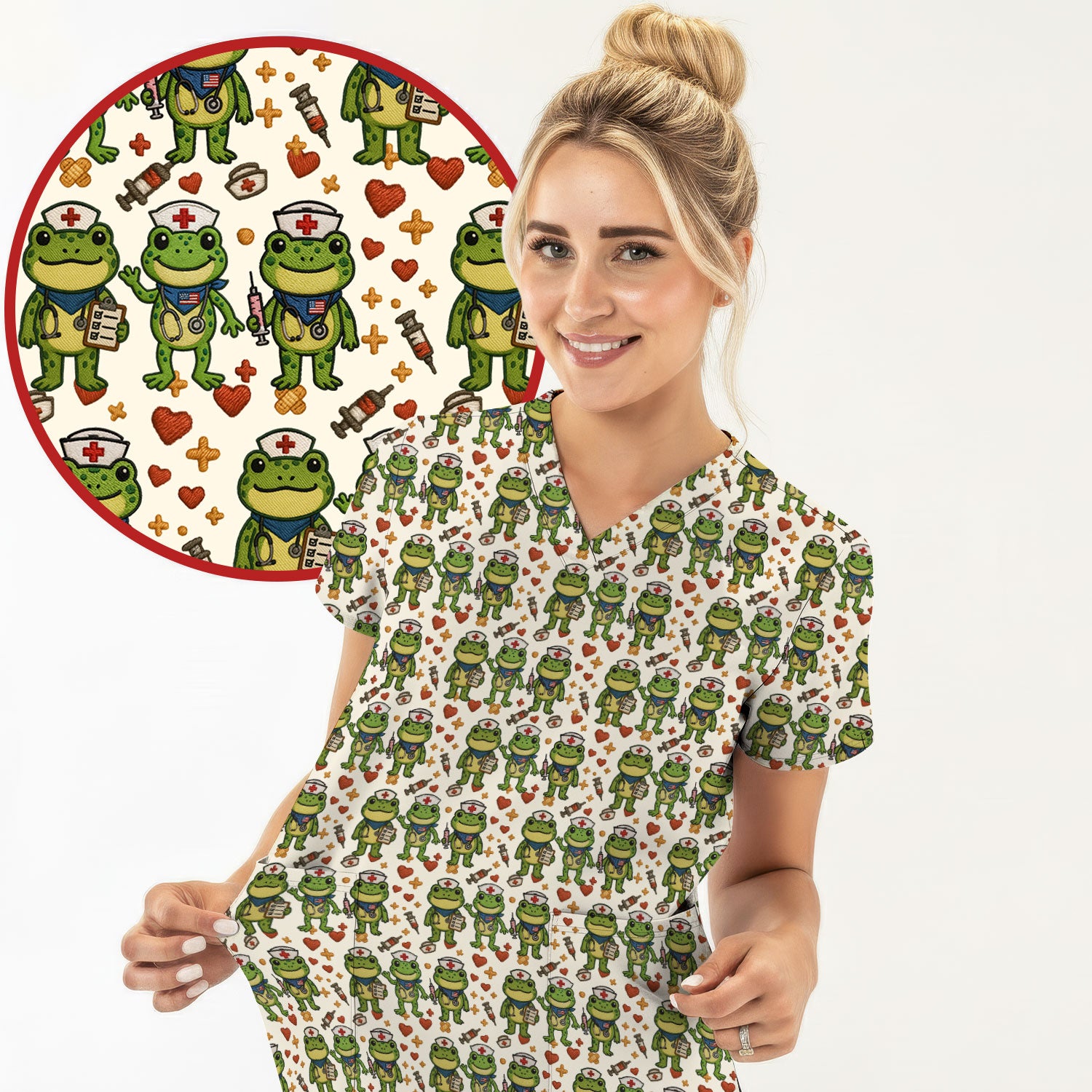 Frog Pattern Scrub Top, Cute Frog Scrub Shirt, Breathable Fabrics Nursing Uniform