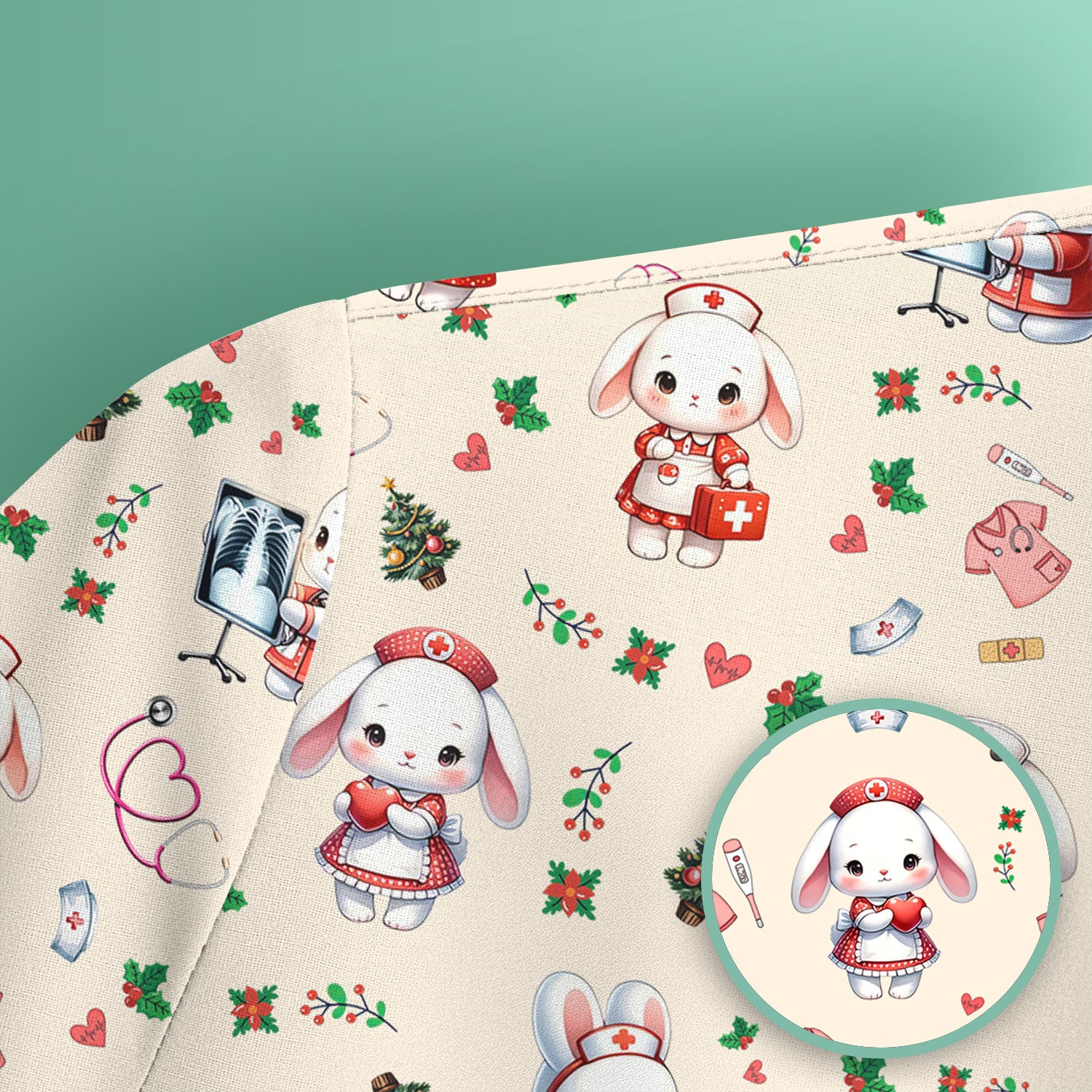 Cute Bunny Scrub Top for Nurse - Adorable Christmas Rabbit Shirt - Funny Holiday Medical Shirt Gift for Women RN LPN CNA