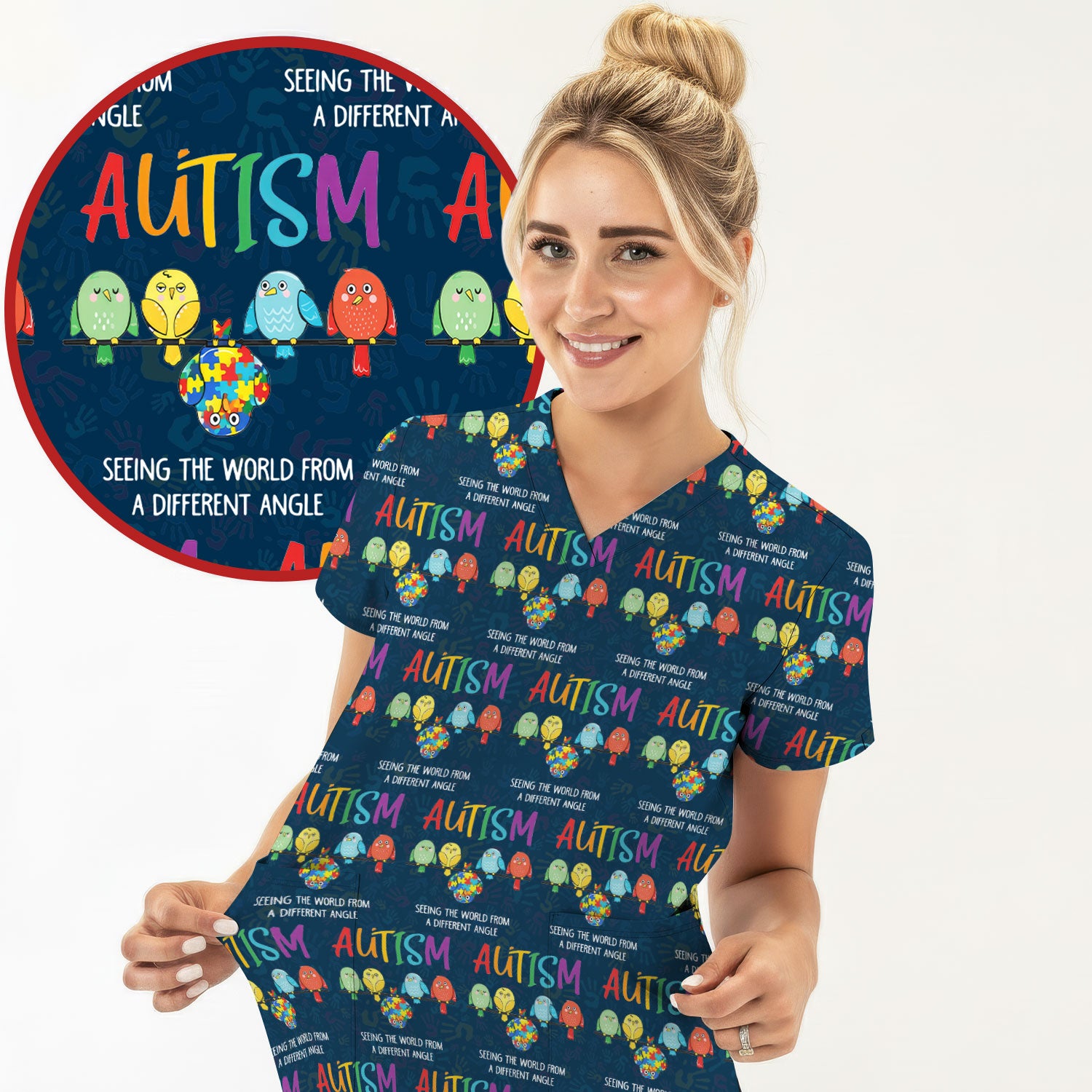 Autism Seeing The World From A Different Angle Birds Scrub Top ,Comfortable Scrubs for Nurses