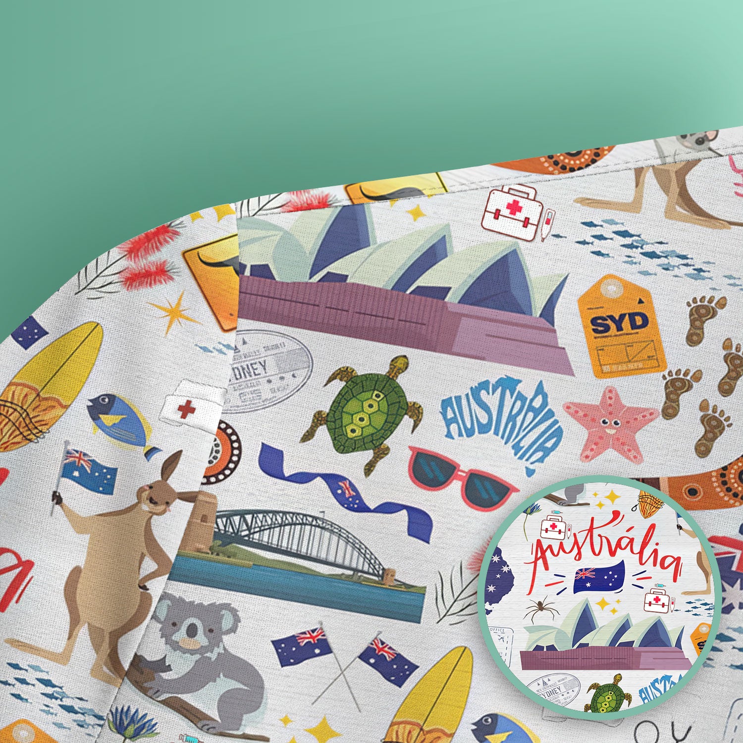 Australia Scrub Top for Women - Aussie Icons with Kangaroo Koala Opera House - Travel Medical Uniform Gift for LPN RN CNA