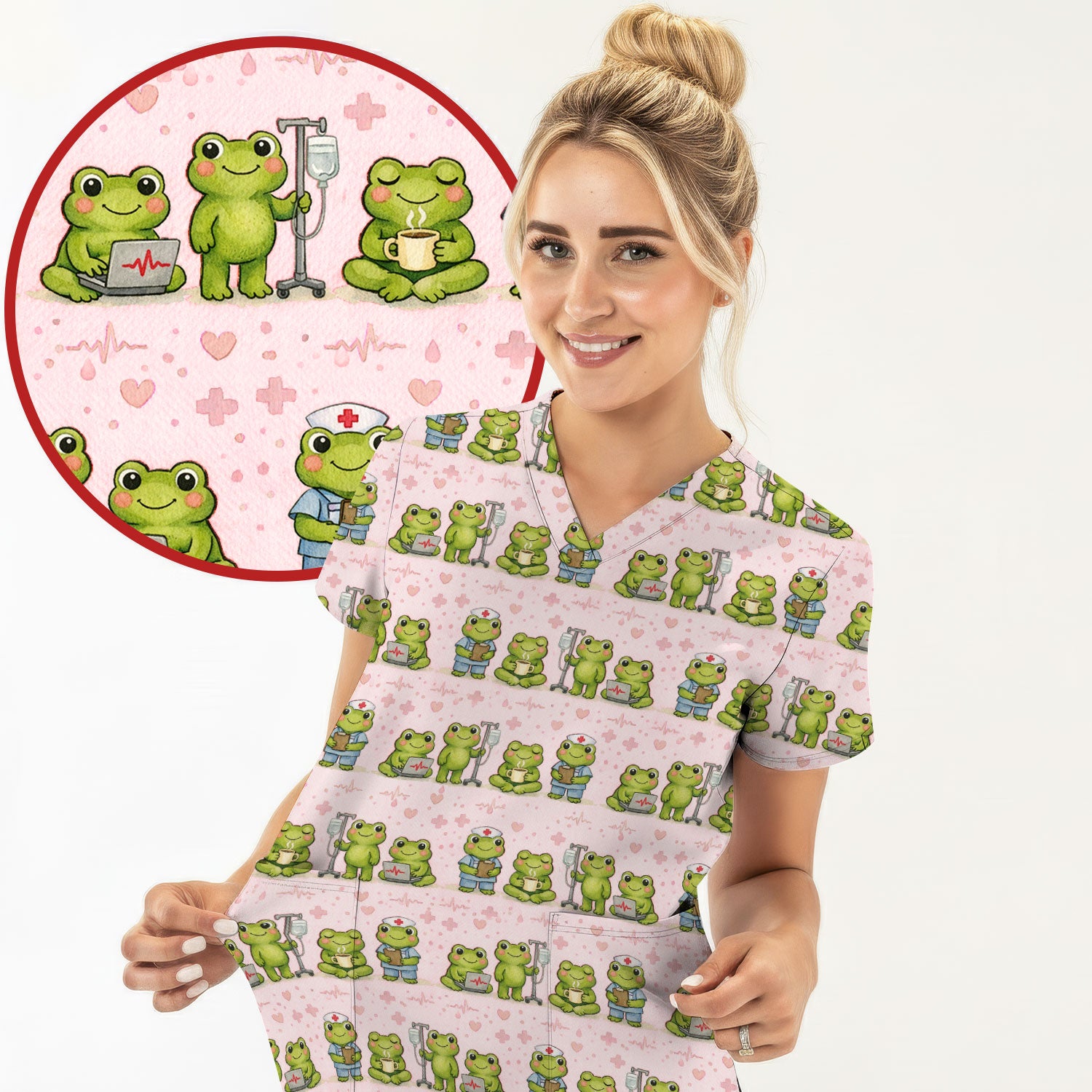 Adorable Frog Nurse Various Poses Print Scrub Top, Comfortable Scrubs for Nurses