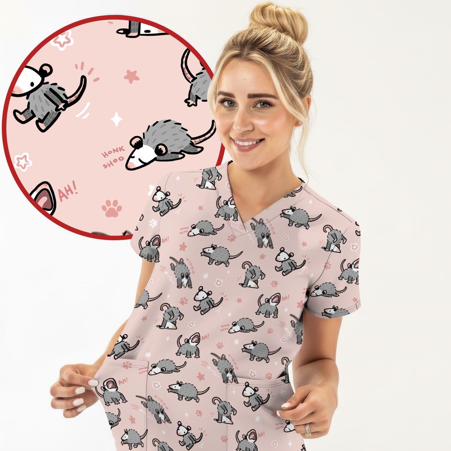 Playful Cartoon Opossum Character Pattern Scrub Top, Breathable Fabrics Nursing Uniform
