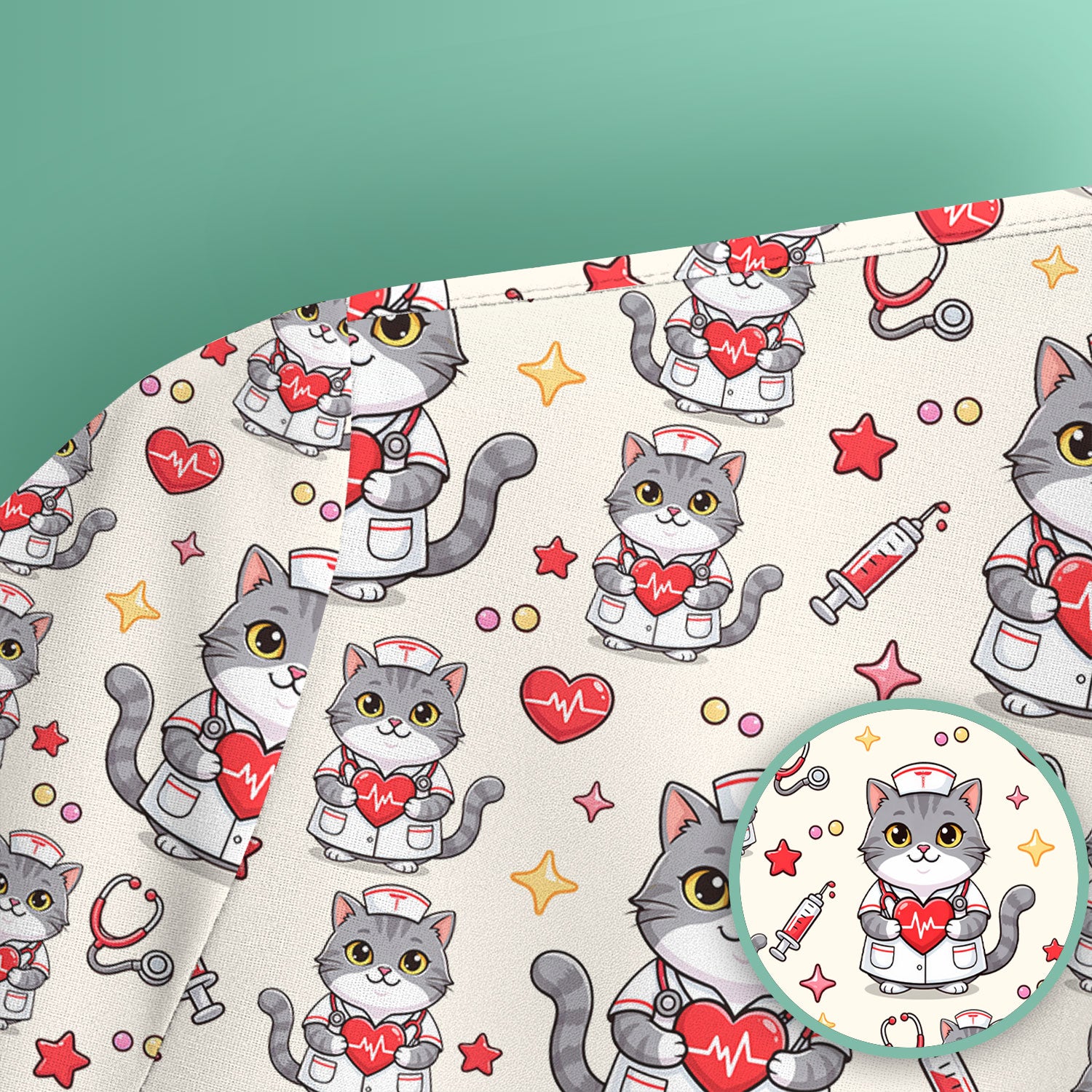 Cute Nurse Cat Heart Medical Print Scrub Top, Comfortable Scrubs for Nurses