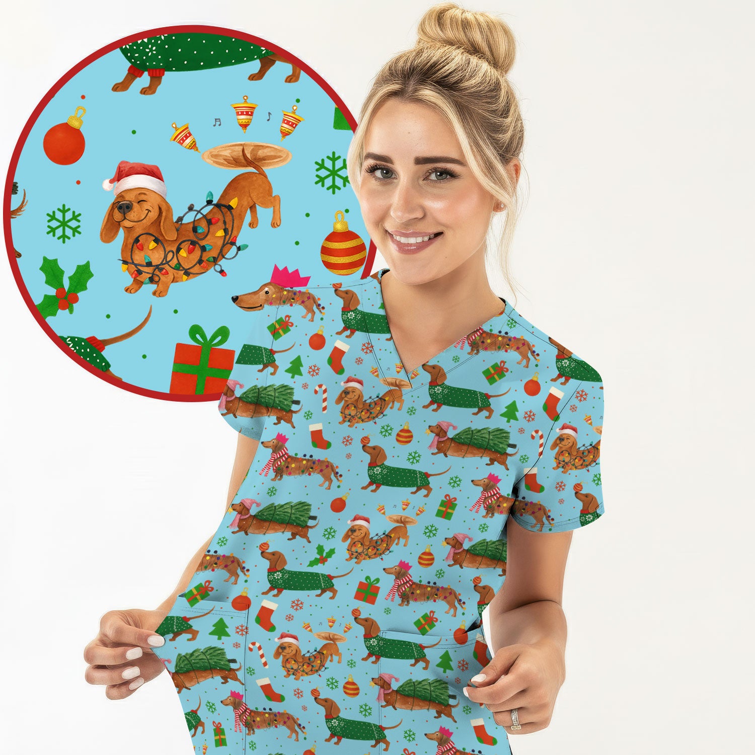 Funny Christmas Dog Scrub Top - Dachshund Multi Color Scrub Shirt - Holiday Scrubs Gift for Nurse, CNA, RN, Doctor, Medical Staff