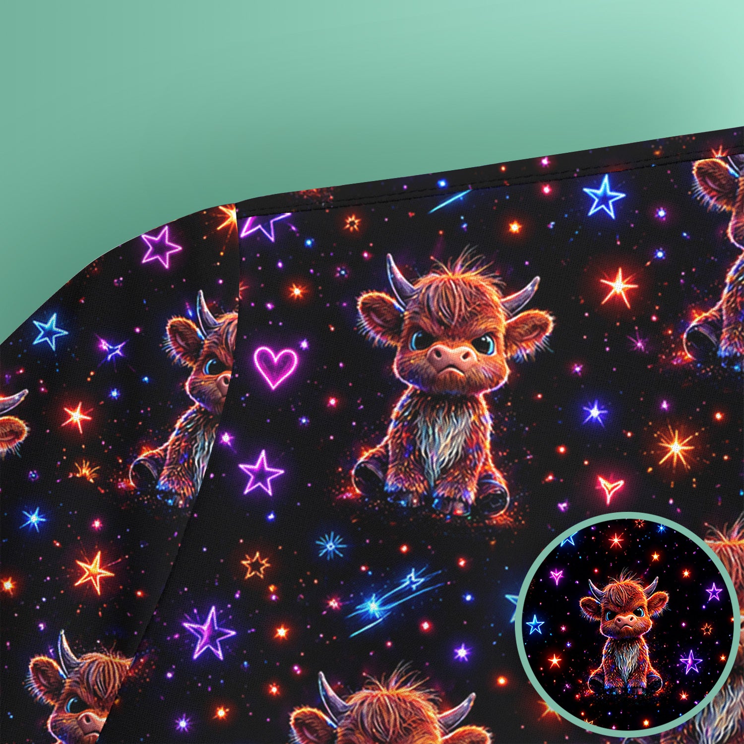Neon Highland Cow Stars Pattern Scrub Top, Comfortable Scrubs for Nurses