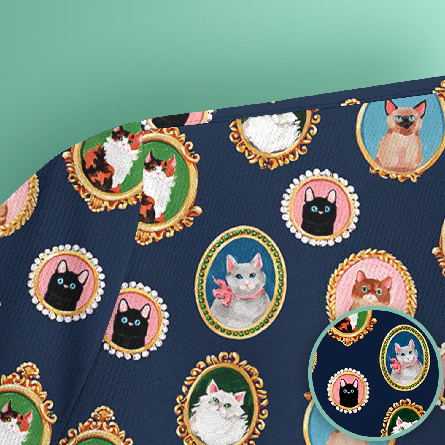 Vintage Cat Portrait Pattern Scrub Top, Breathable Medical Uniform Top