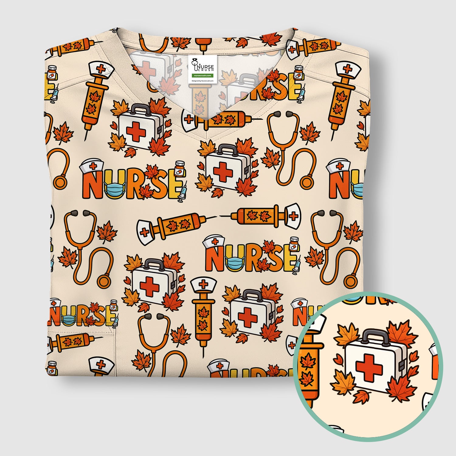 Autumn Nurse Scrub Top Multi Color - Fall Themed Nursing Shirt with Pockets - Cute Maple Leaf Medical Scrubs for Women