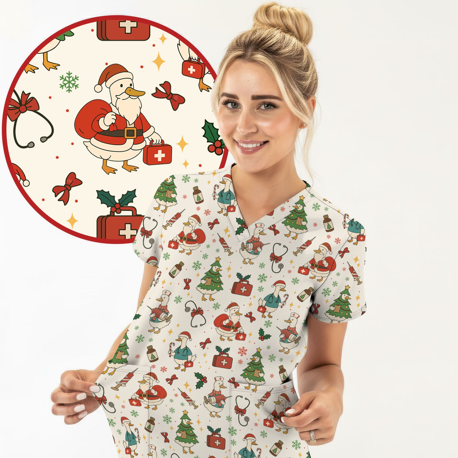 Funny Christmas Duck Nurse Scrub Top - Cute Santa Pattern Holiday Shirt for Women - Festive Nursing Outfit Gift for RN LPN CNA
