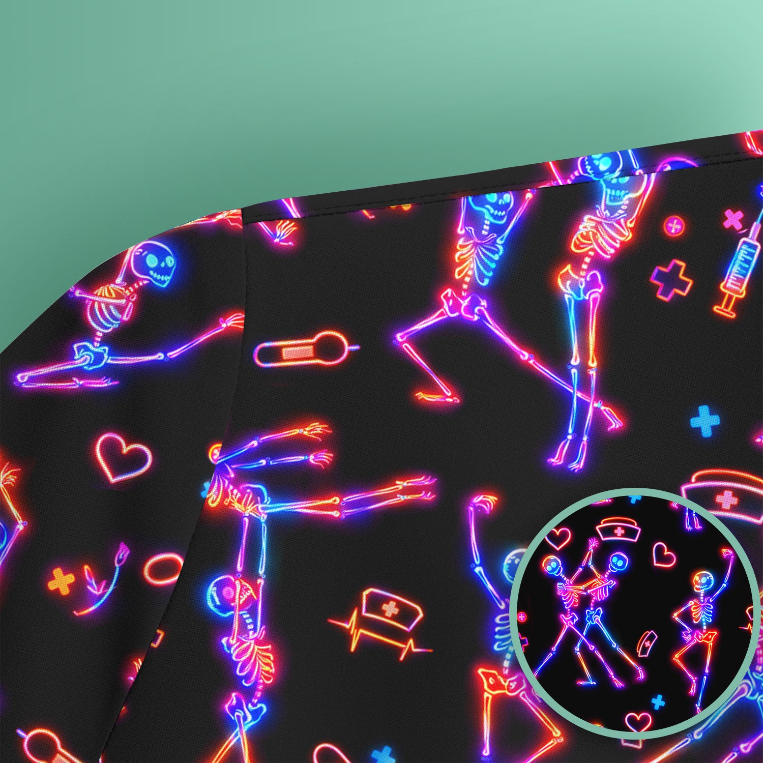 Neon Dancing Skeleton Medical Pattern Scrub Top, Comfortable Scrubs for Nurses