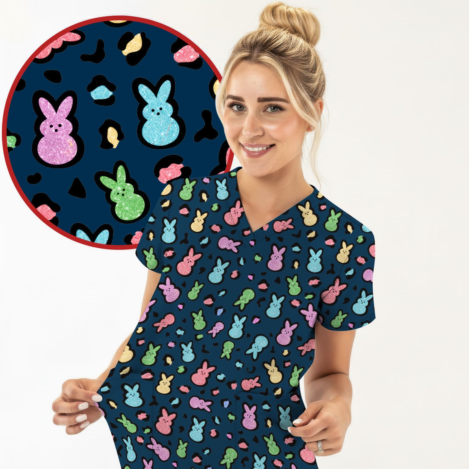 Cute Easter Bunny Pastel Pattern Scrub Top, Comfortable Scrubs for Nurses