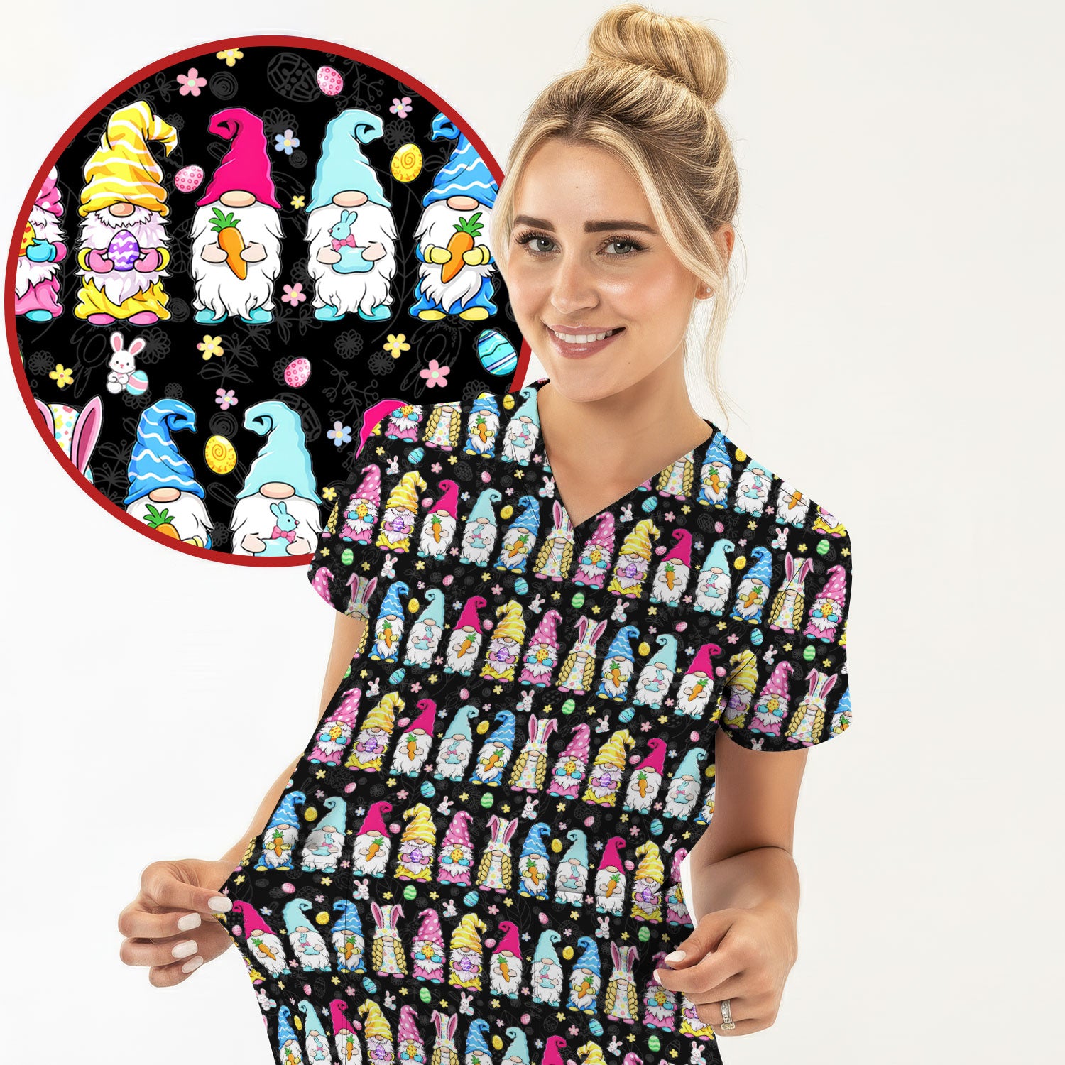 Colorful Easter Gnome Bunny Eggs Print Scrub Top, Comfortable Scrubs for Nurses