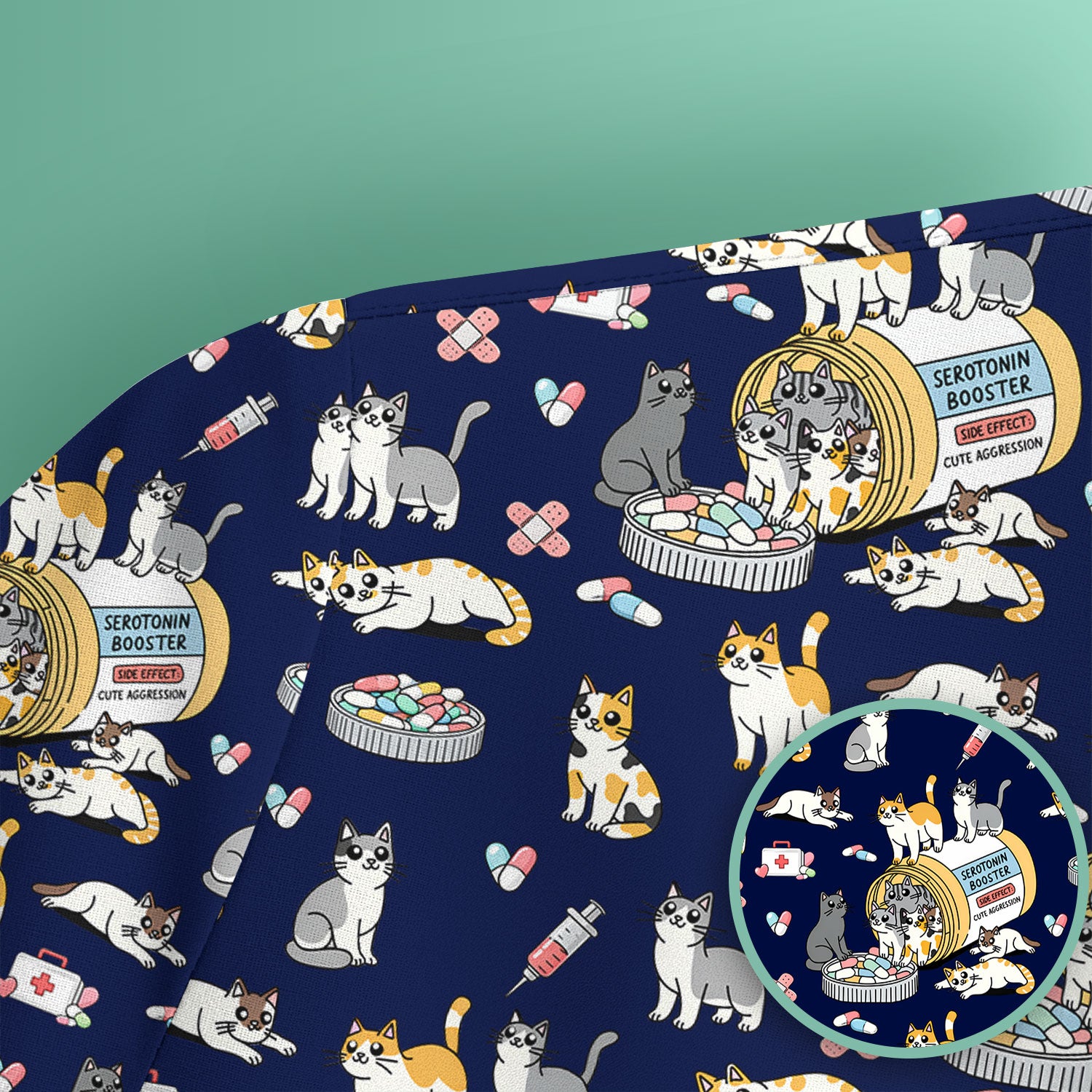 Cute Cat Serotonin Booster Pattern Scrub Top, Comfortable Scrubs for Nurses