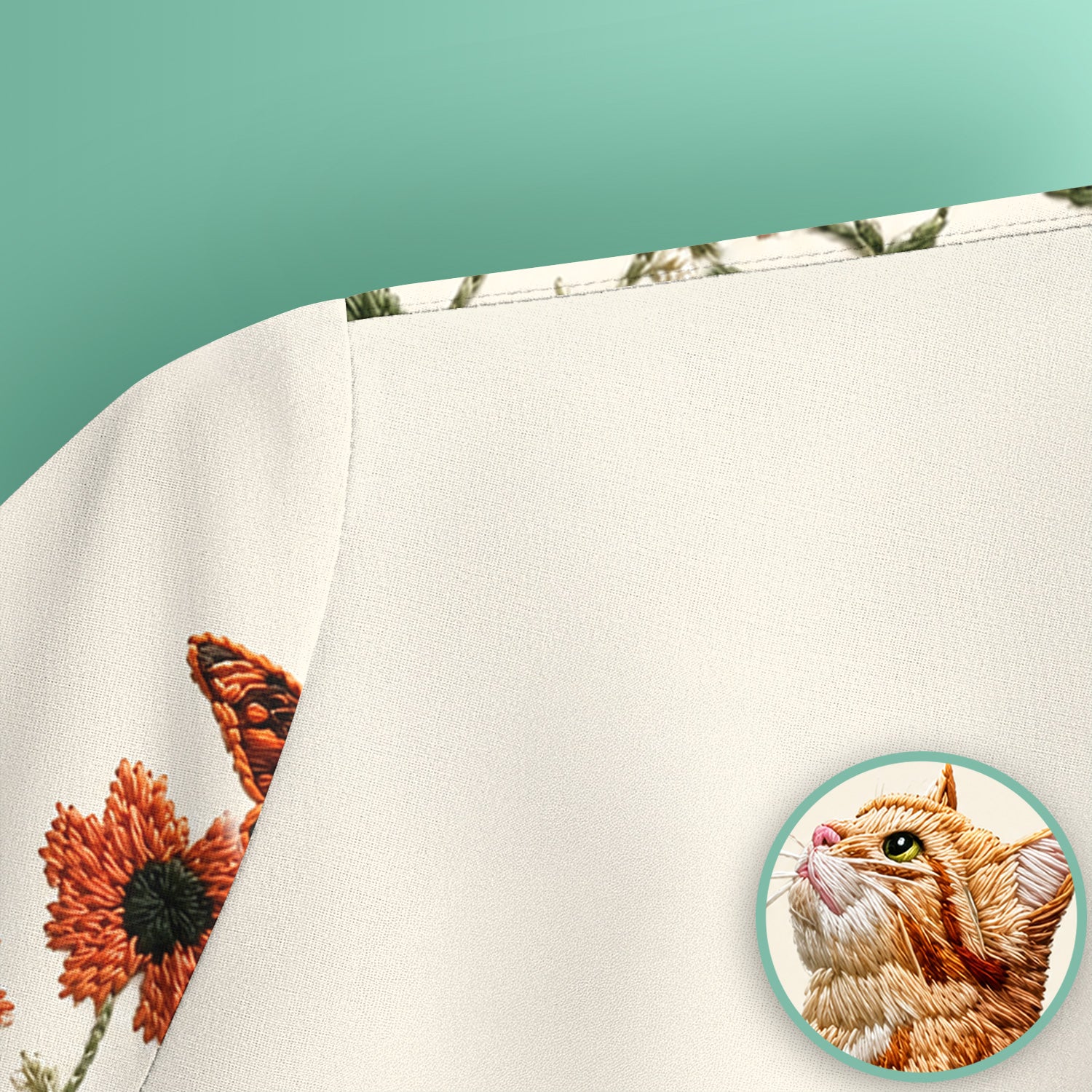 Embroidered Orange Cat Wildflower Pattern Scrub Top, Comfortable Scrubs for Nurses