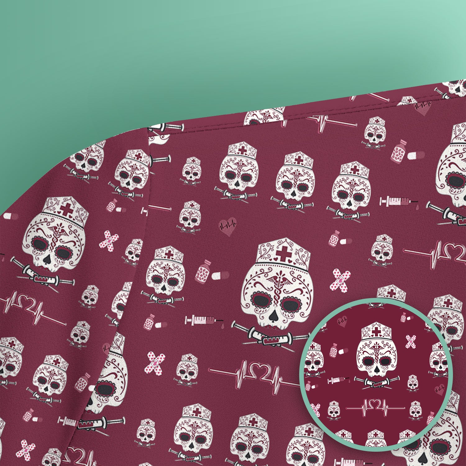 Sugar Skull Scrub Top, Skull Pattern Scrub Shirt, Breathable Fabrics Nursing Uniform