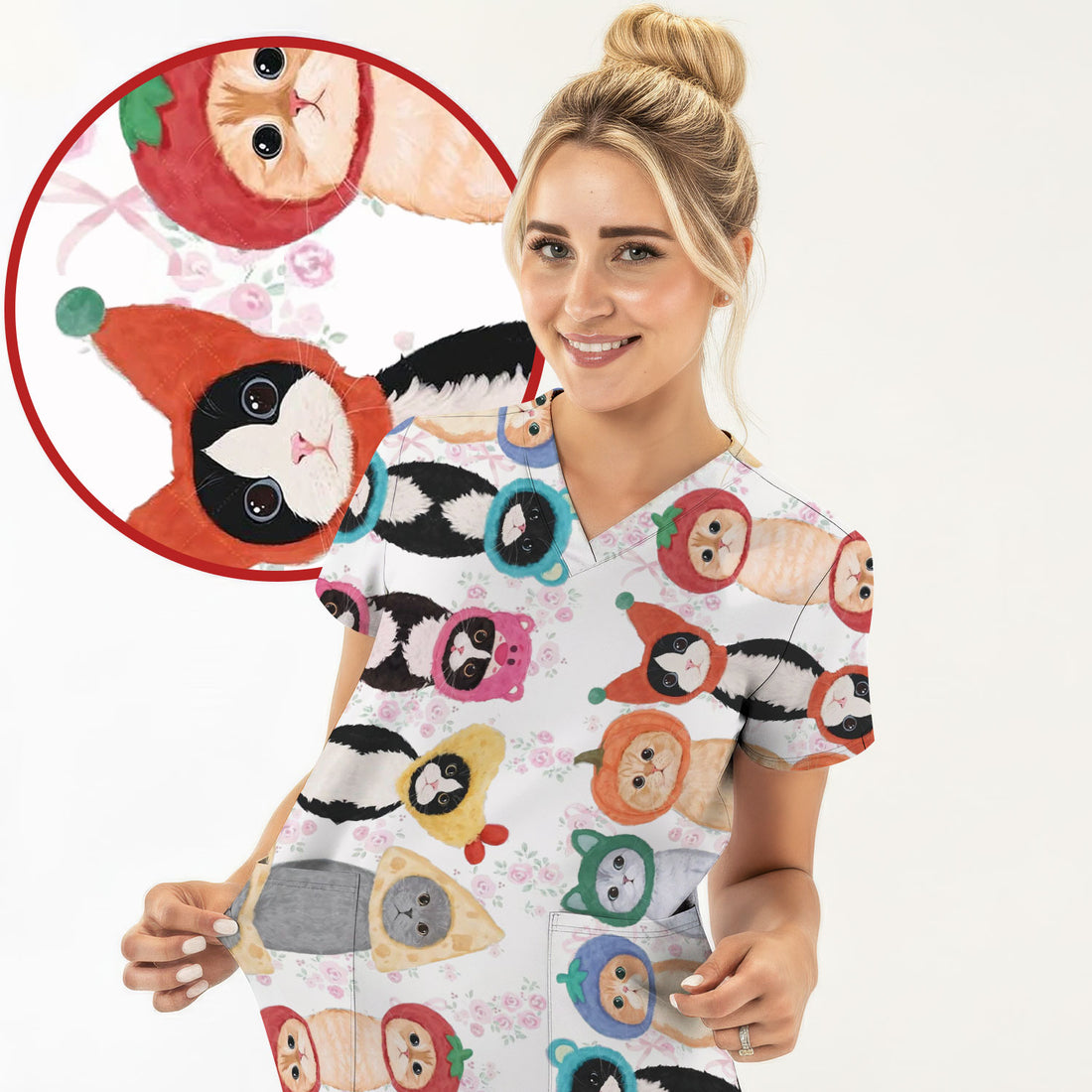 Funny Cartoon Cat Print Scrub Top, Nurse Healthcare Workwear