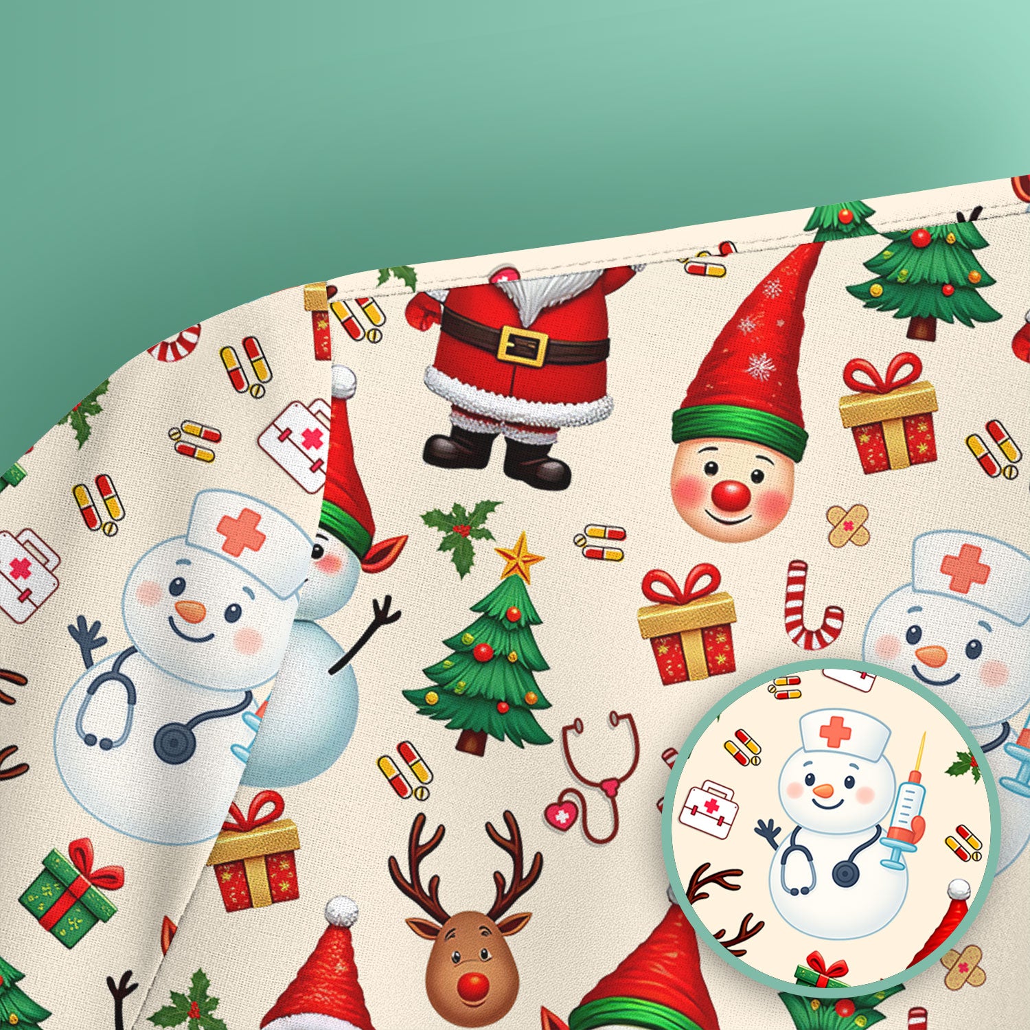 Christmas Nurse Scrub Top - Cute Snowman Santa Reindeer Pattern Medical Shirt - Festive Holiday Scrubs for Women RN CNA LPN