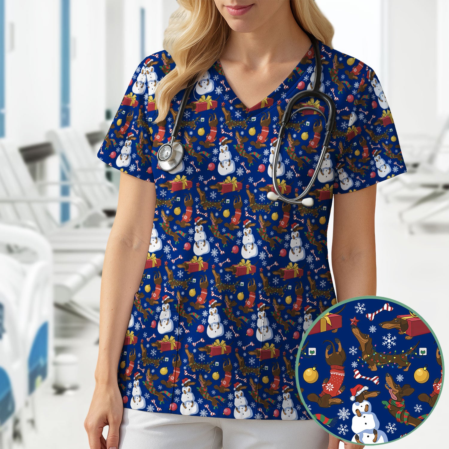 Custom Nurse Scrubs for Women - Christmas Dachshund Dog & Snowman Print - Multi Color Nursing Shirt Holiday Gift for Nurses