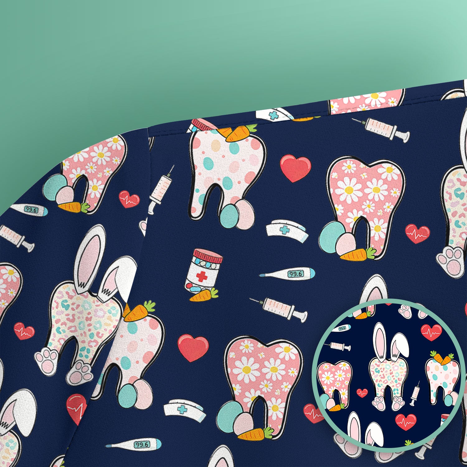Playful Bunny Dentist Illustration Medical Scrub Top, Comfortable Scrubs for Nurses, Easter