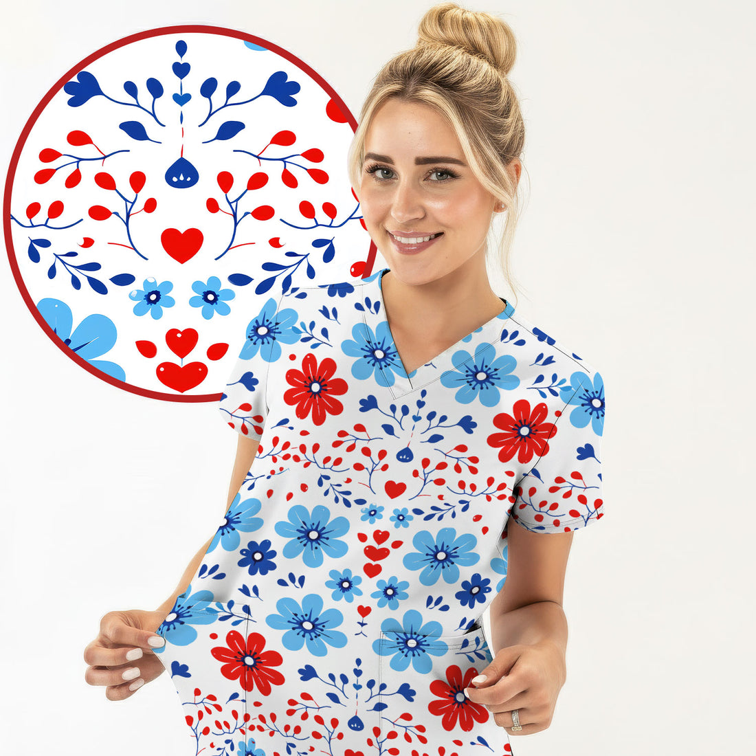 Symmetrical Folk Floral Heart Pattern Scrub Top, Breathable Fabrics Nursing Uniform