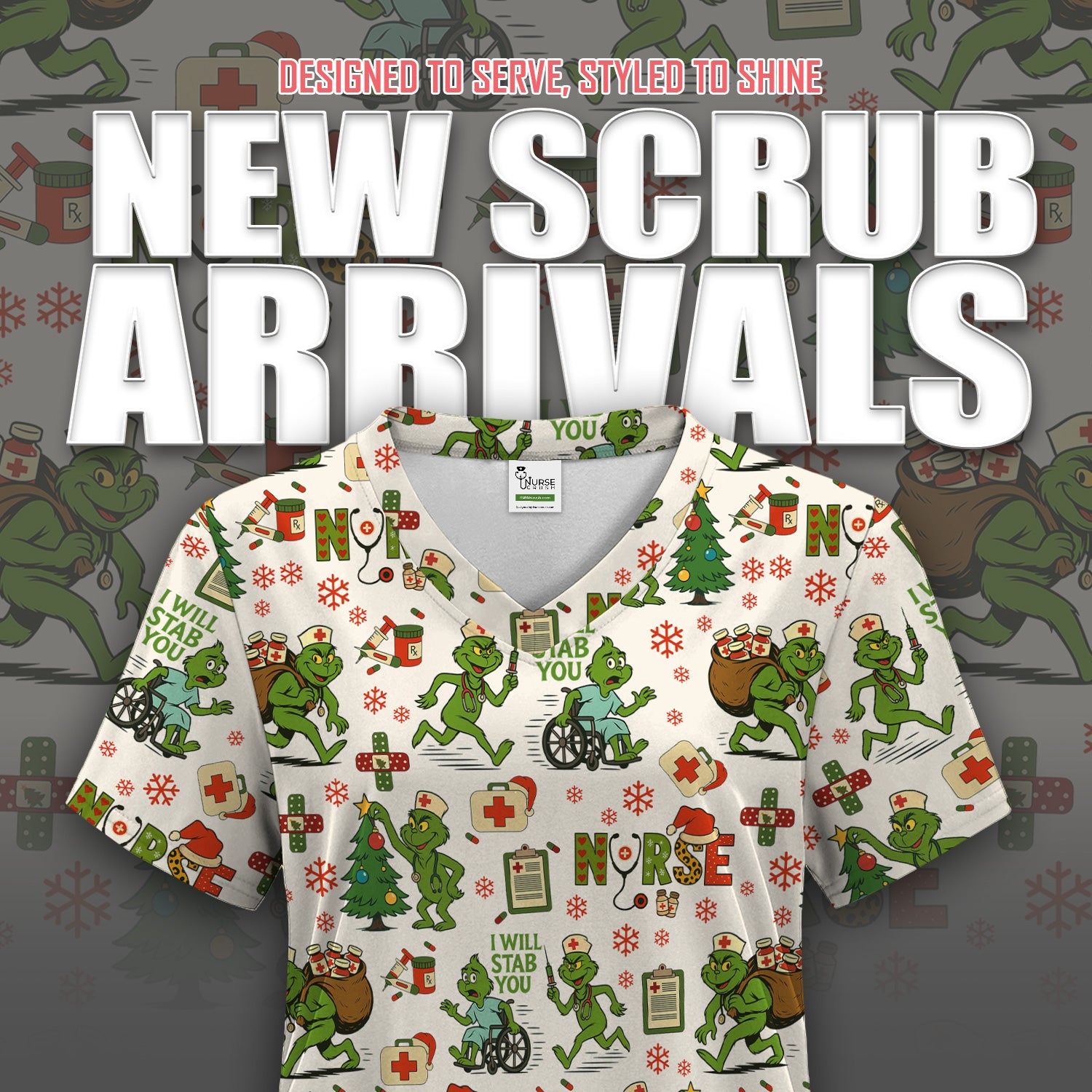 Funny Grinch Nurse Scrub Top for Women - Christmas Scrub Shirt with I Will Stab You Quote - Cute Holiday Nursing Work Shirt with Pockets