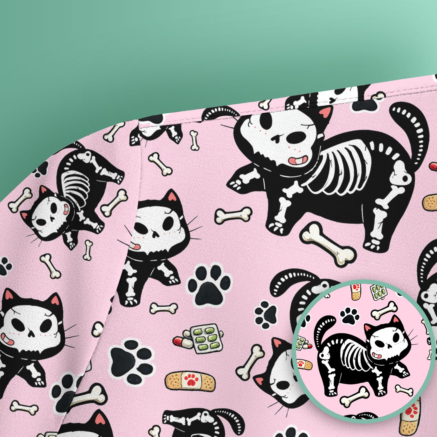 Skeleton Cat Medical Pattern Scrub Top, Comfortable Scrubs for Nurses