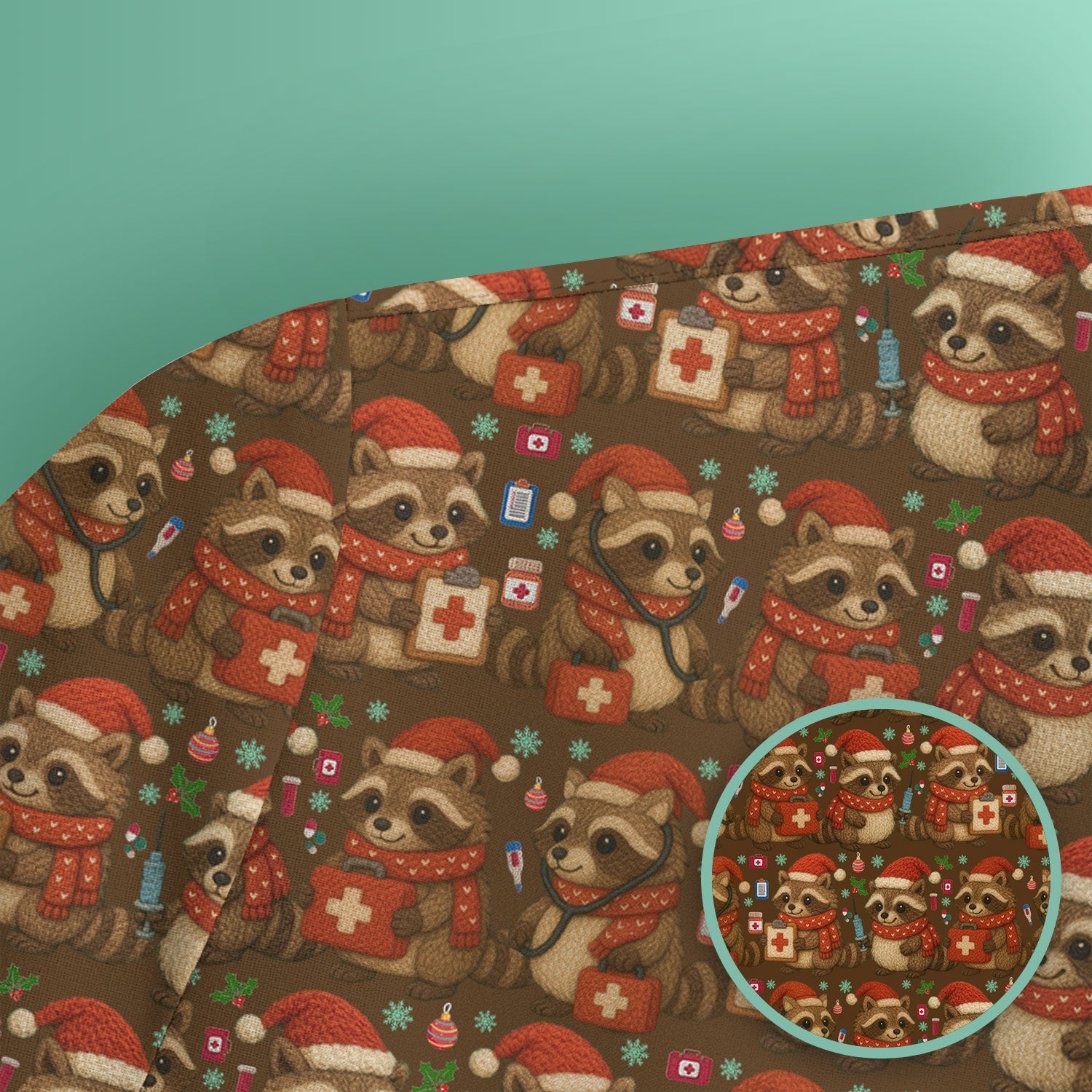 Christmas Scrub Top – Nurse Raccoon Pattern Shirt – Cute Medical Uniform For Nursing