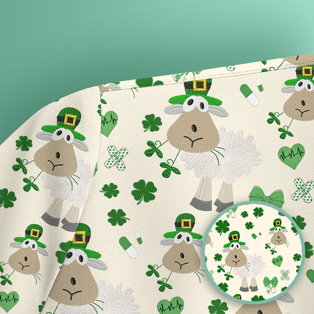 Nurse St. Patrick Scrubs Top, Cute Sheep Shamrock Pattern Nurse Shirt, Breathable Fabrics Nursing Uniform