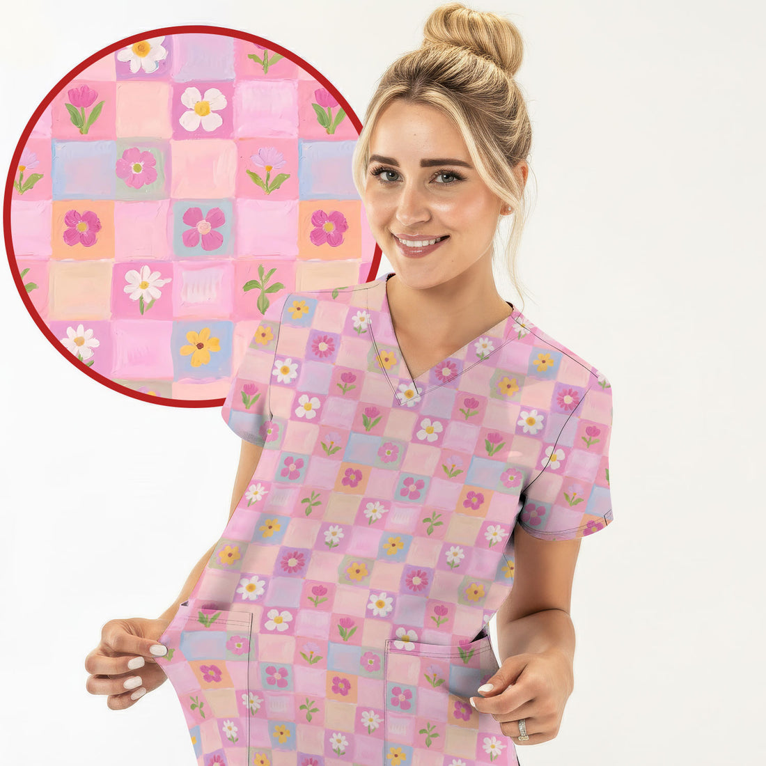 Lovely Pastel Floral Patchwork Pattern Scrub Top, Comfortable Scrubs For Nurses