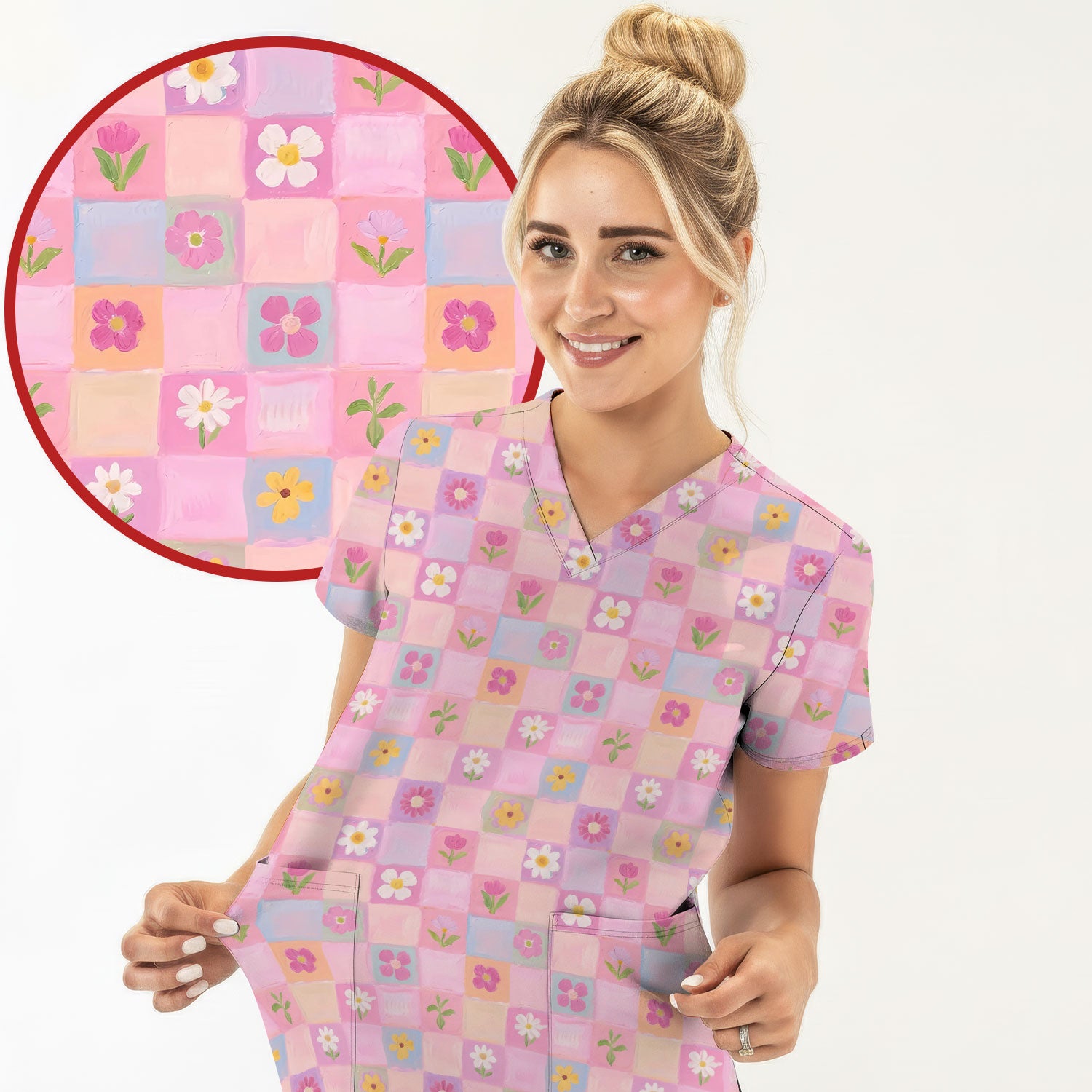 Lovely Pastel Floral Patchwork Pattern Scrub Top, Comfortable Scrubs For Nurses