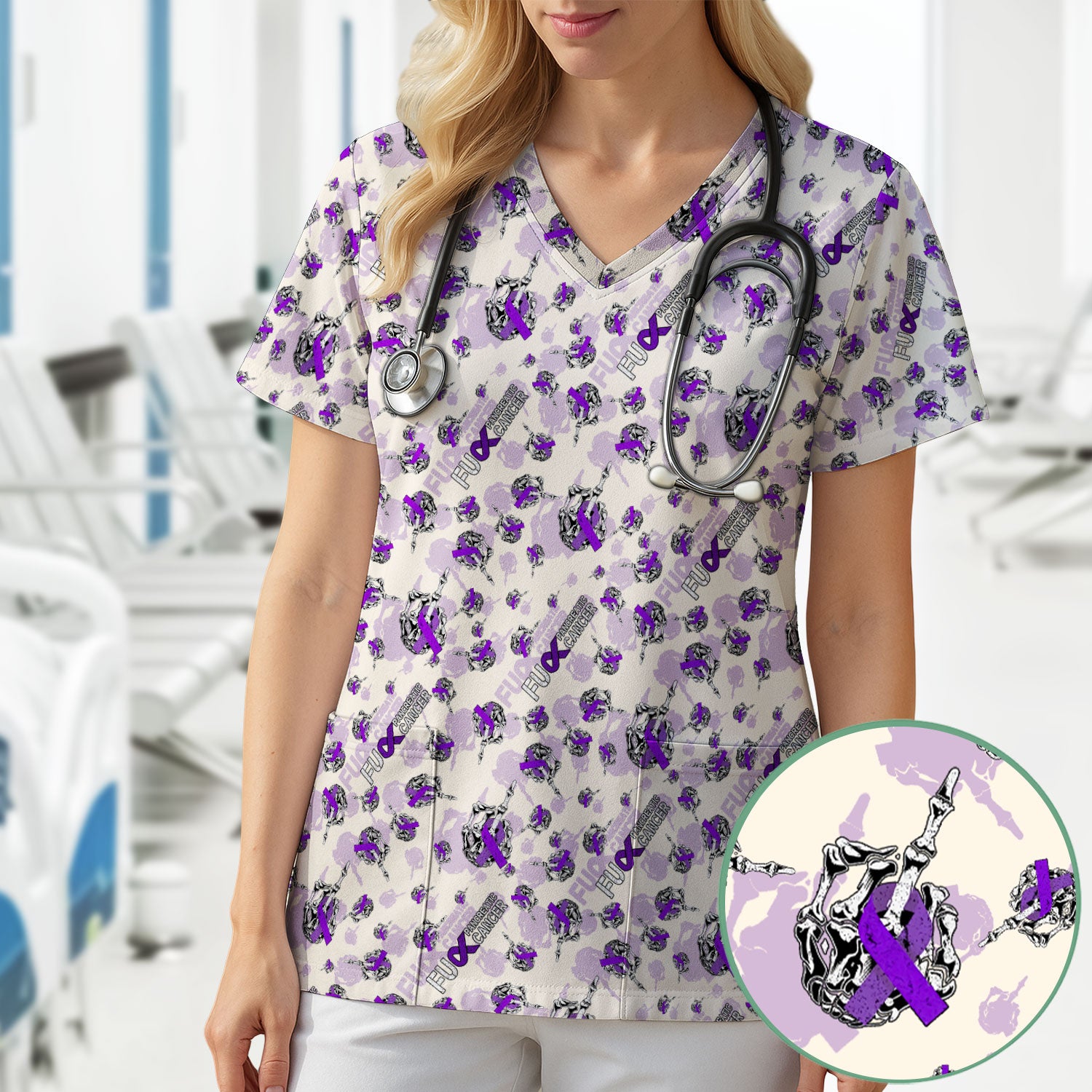 Pancreatic Cancer Awareness Scrub Top - Fuck Cancer Purple Ribbon Nurse Shirt - Strong Gift Idea for Survivors, Fighters & Supporters