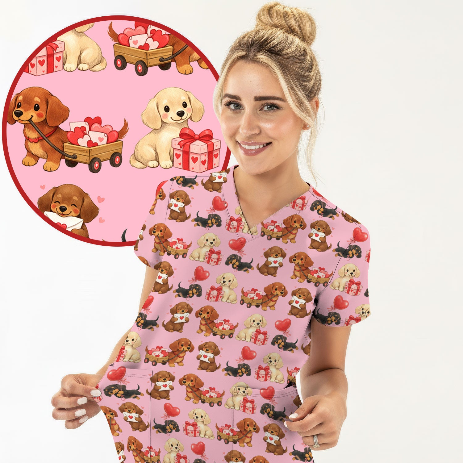Cute Dachshund Nurse Scrub Top For Nurses, Wiener Dog Pattern Nurse Shirt, Breathable Fabrics Nursing Uniform