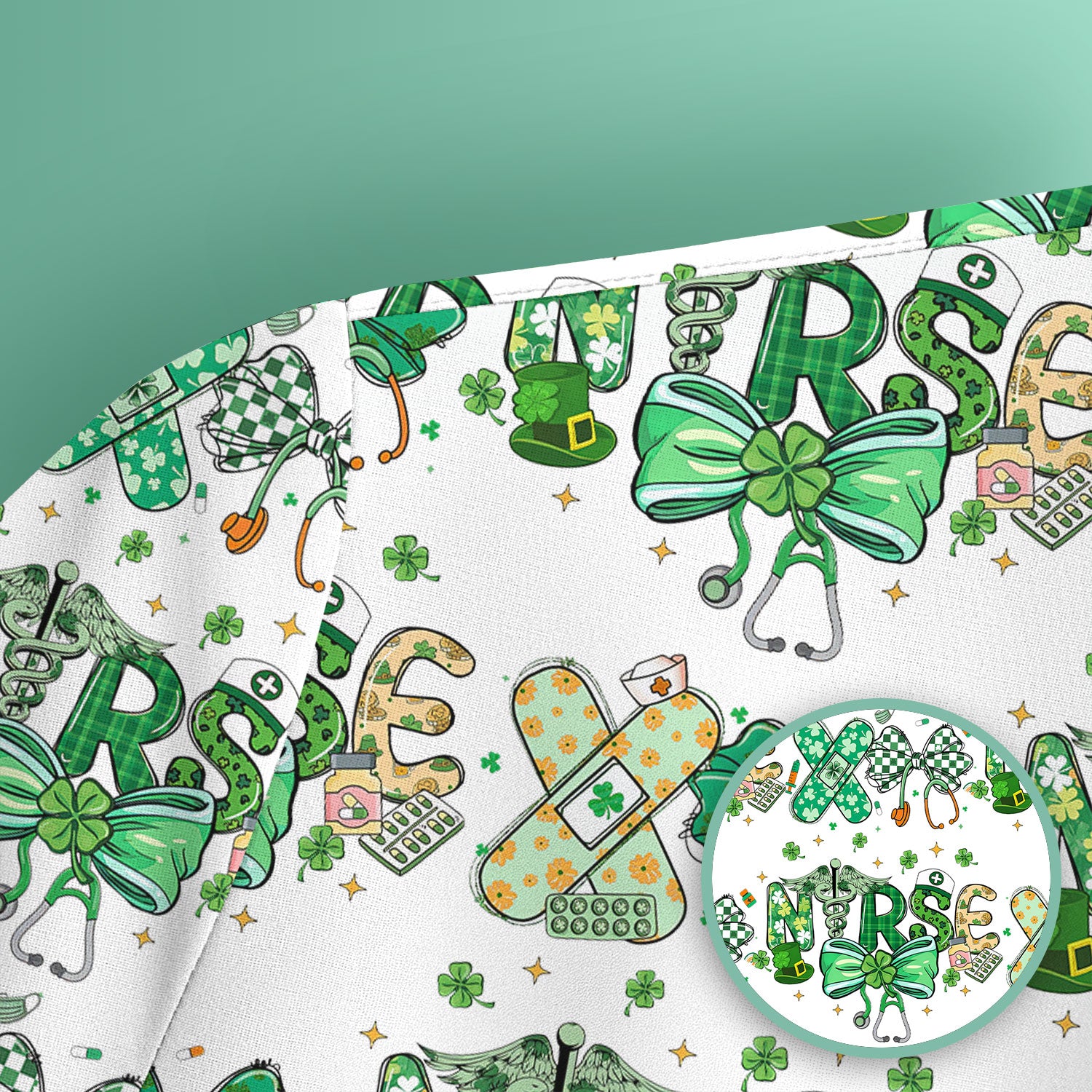 St. Patrick’s Nurse Scrub Top, Lucky Clover And Green Bow Pattern Nurse Shirt, Breathable Fabrics Nursing Uniform