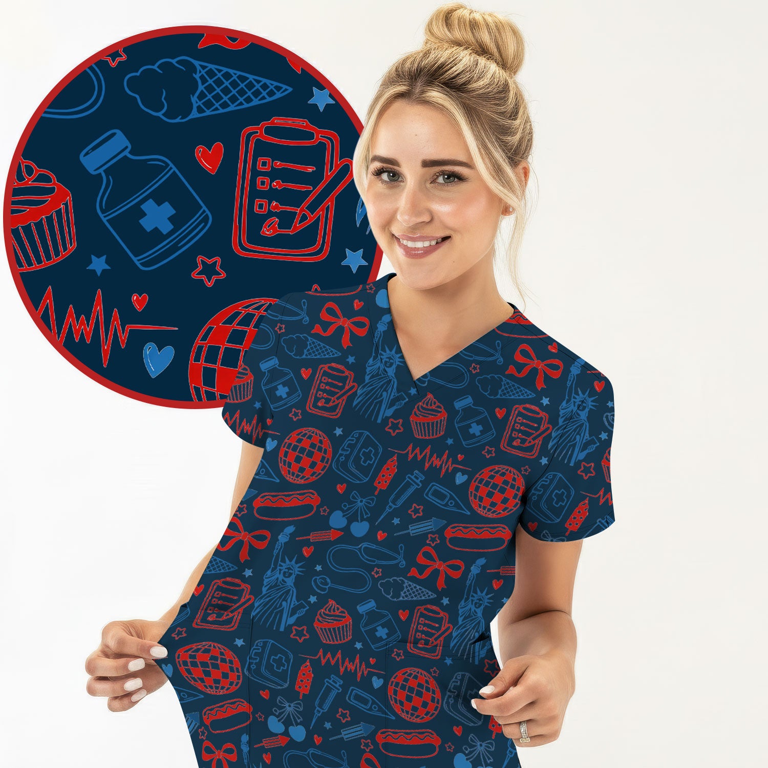 Patriotic Nurse Medical Icons Pattern Scrub Top, Breathable Fabrics Nursing Uniform