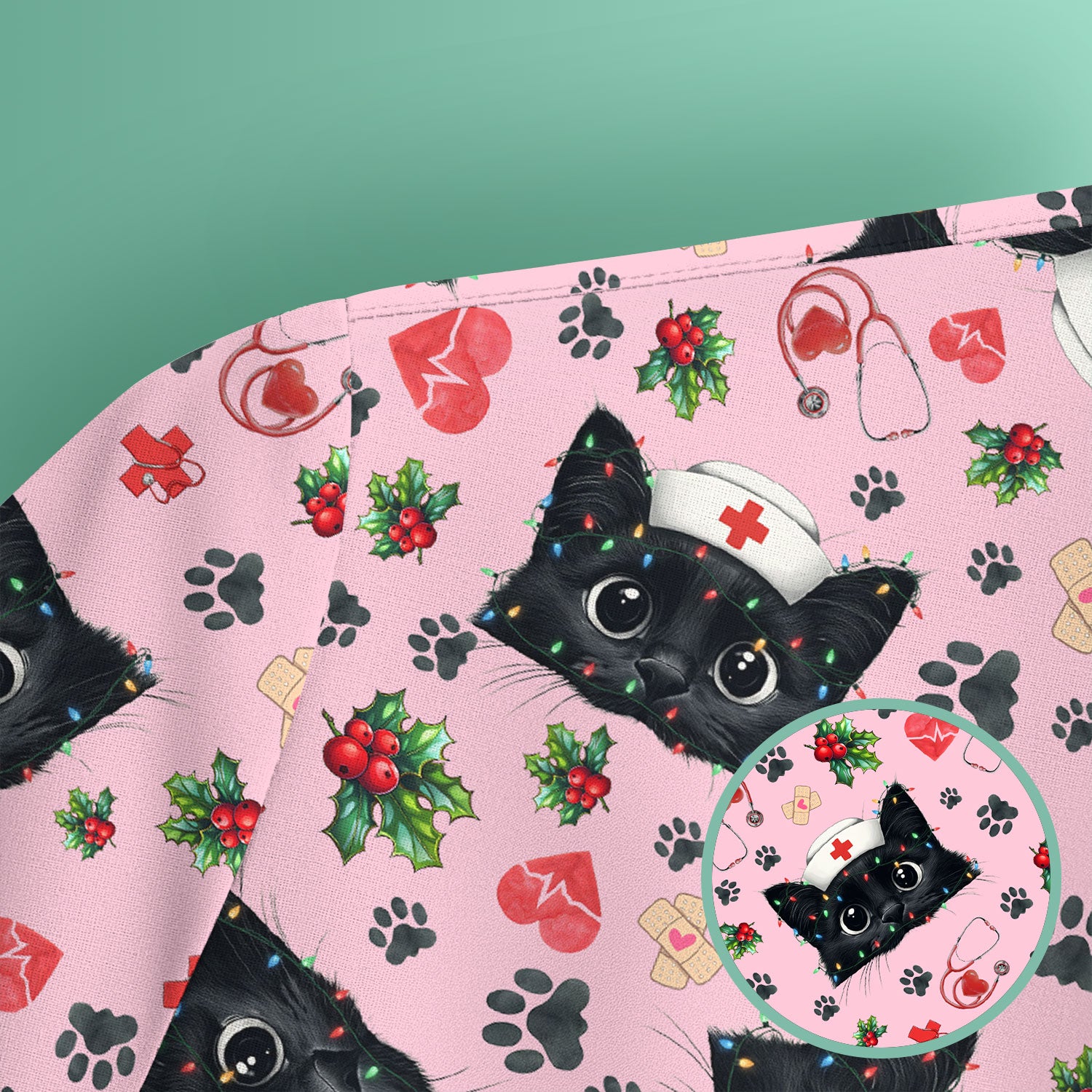 Black Cat Scrub Top for Nurse - Cute Kittens Christmas Medical Uniform - Funny Holiday Gift for Women