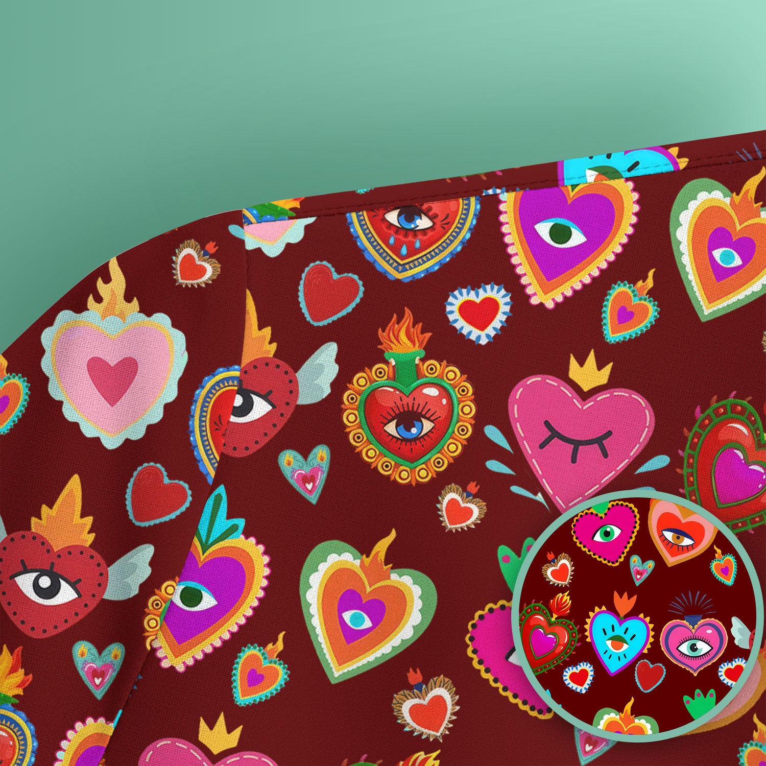 Valentine Colorful Sacred Heart Print Medical Scrub Top, Comfortable Scrubs for Nurses