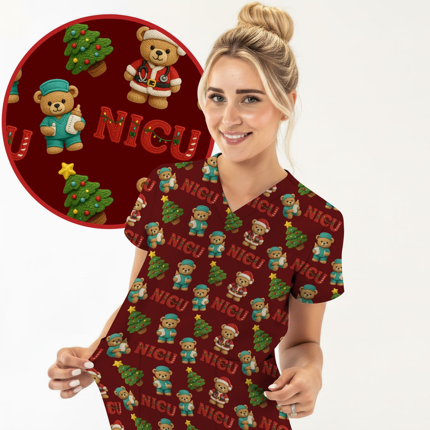 Festive Christmas NICU Nurse Teddy Bear Pattern, Breathable Fabrics Nursing Uniform
