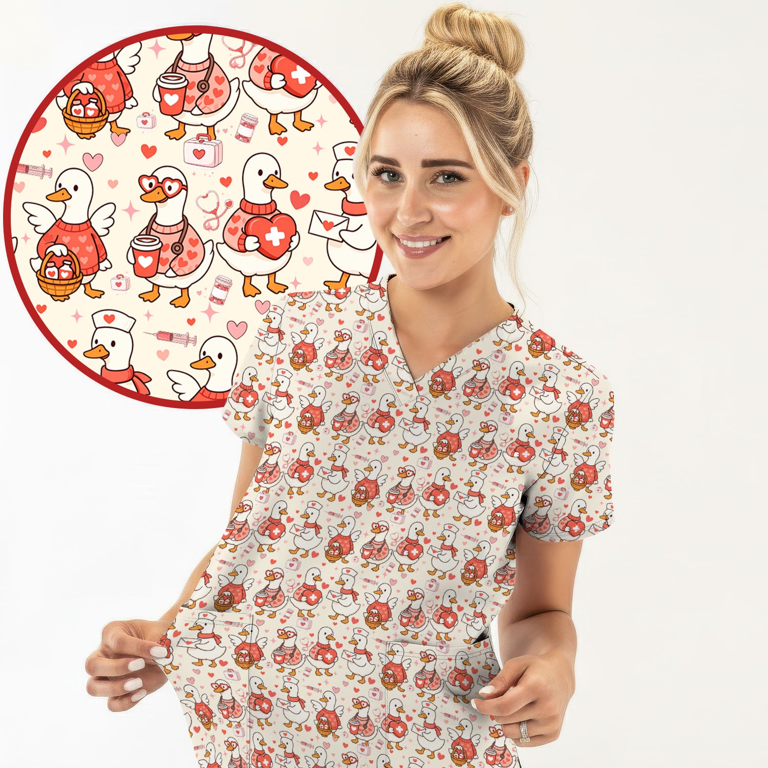 Valentine Goose Nurse Scrub Top, Heart Medical Pattern Nurse Shirt, Breathable Fabrics Nursing Uniform