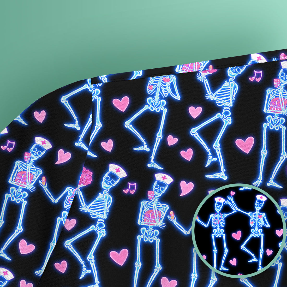 Skeleton Nurse Heart Pattern Scrub Top, Playful Nurse Style, Breathable Fabrics Nursing Uniform