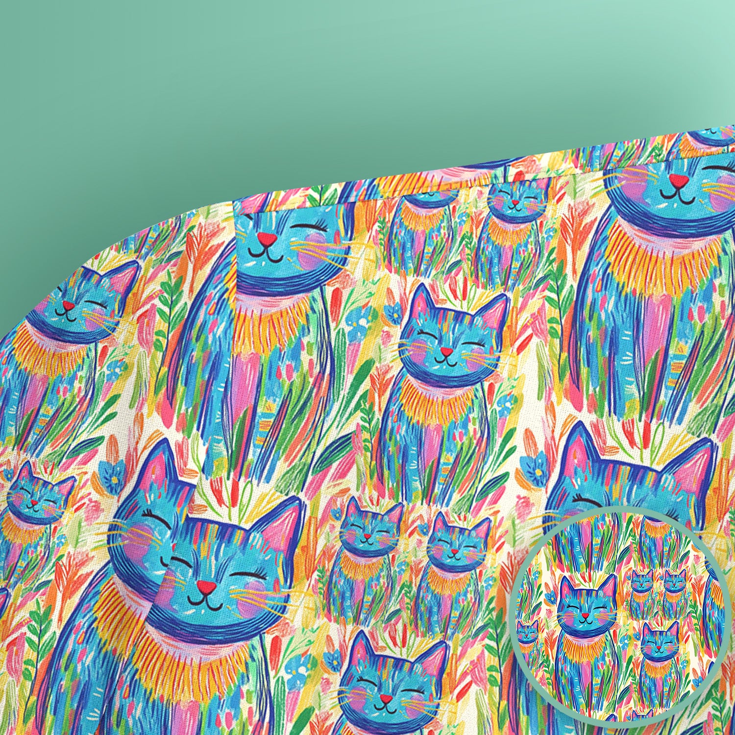 Colorful Rainbow Cat With Floral Brushstroke Scrub Top, Breathable Fabrics Nursing Uniform