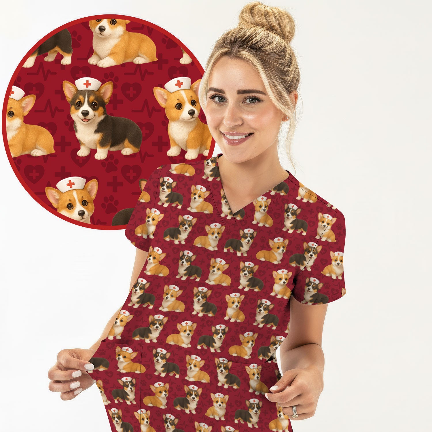Christmas Corgi Scrubs for Women - Cute Dog Pattern Medical Scrub Top - Festive Holiday Christmas Scrubs with Adorable Corgi Design