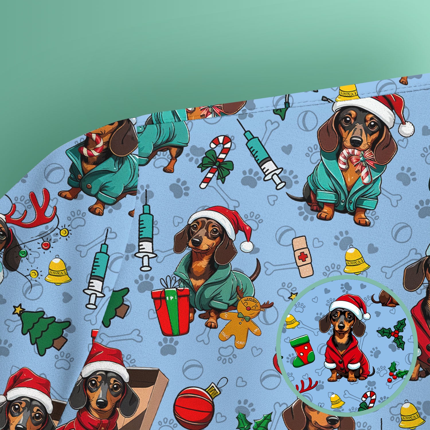 Christmas Dachshund Scrubs for Nurses - Cute Sausage Dog Holiday Scrub Top - Funny Reindeer & Santa Medical Shirt for Women