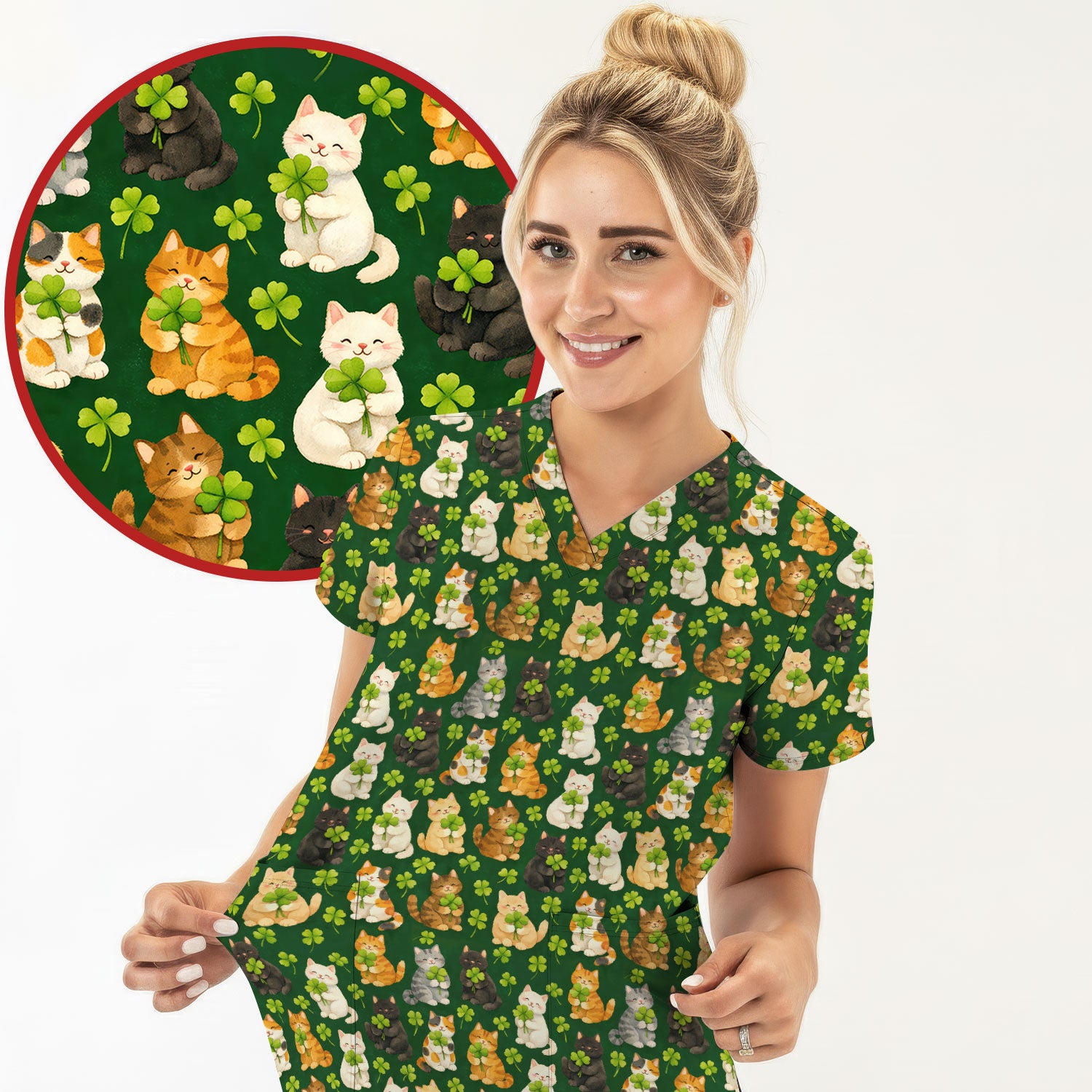 Funny St. Patrick’s Black Cat Nurse Scrub Top, Comfortable Uniform Scrubs For Nursing